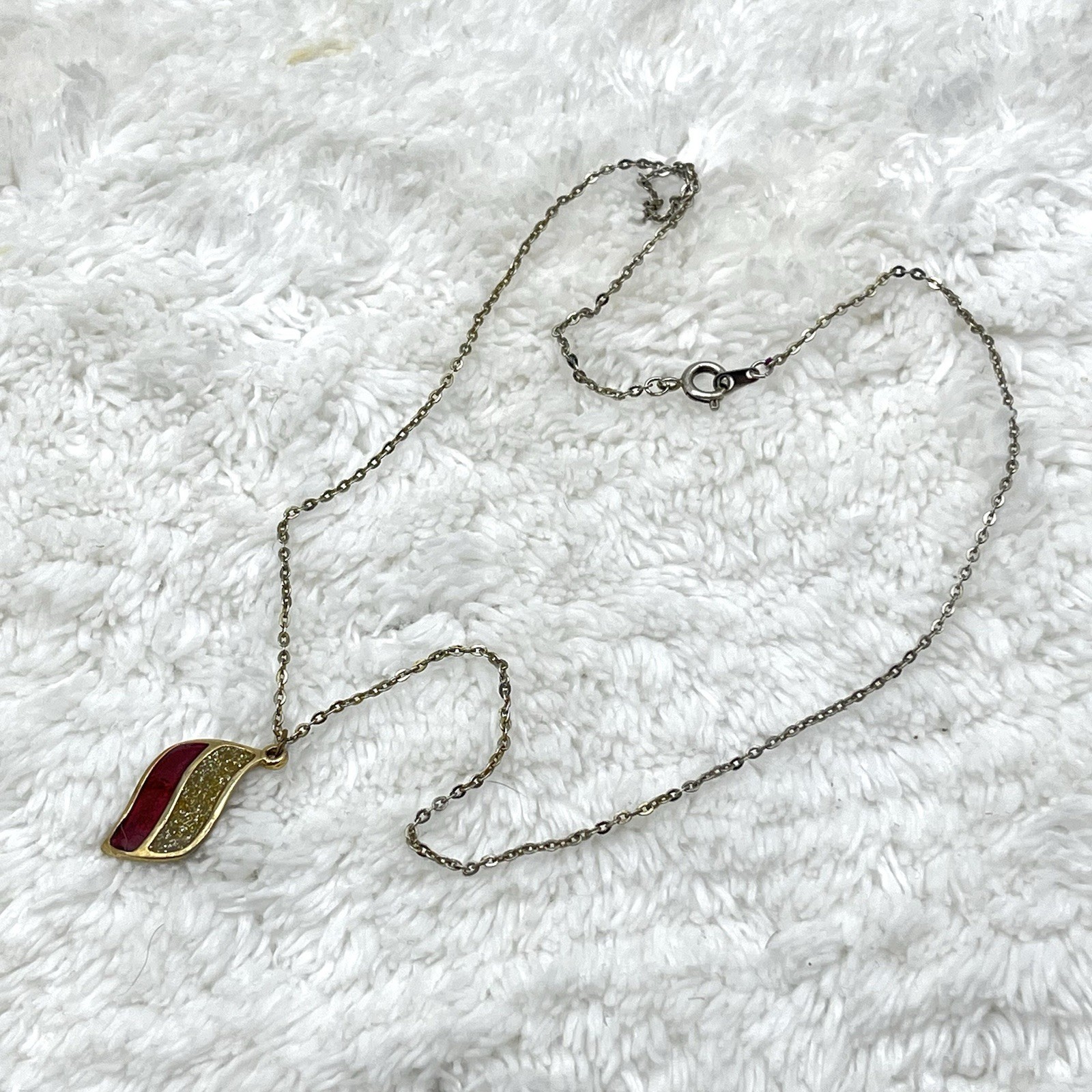 Signed Royal Necklace Red Gold Glitter Enamel Abstract Wave Pendant 18″