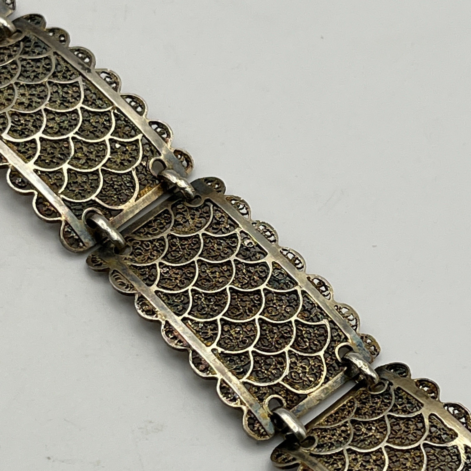 Vintage Sterling Silver Vermeil Filigree Panel Bracelet 19.2g Gold Wash 7″