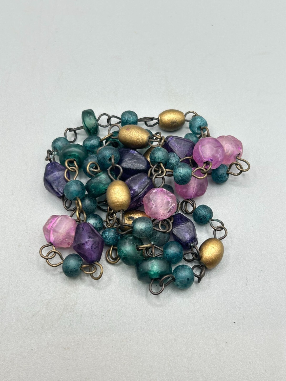 Purple Blue And Pink Pressed Glass Beaded Necklace Dyed Beads 30″ Long Single St