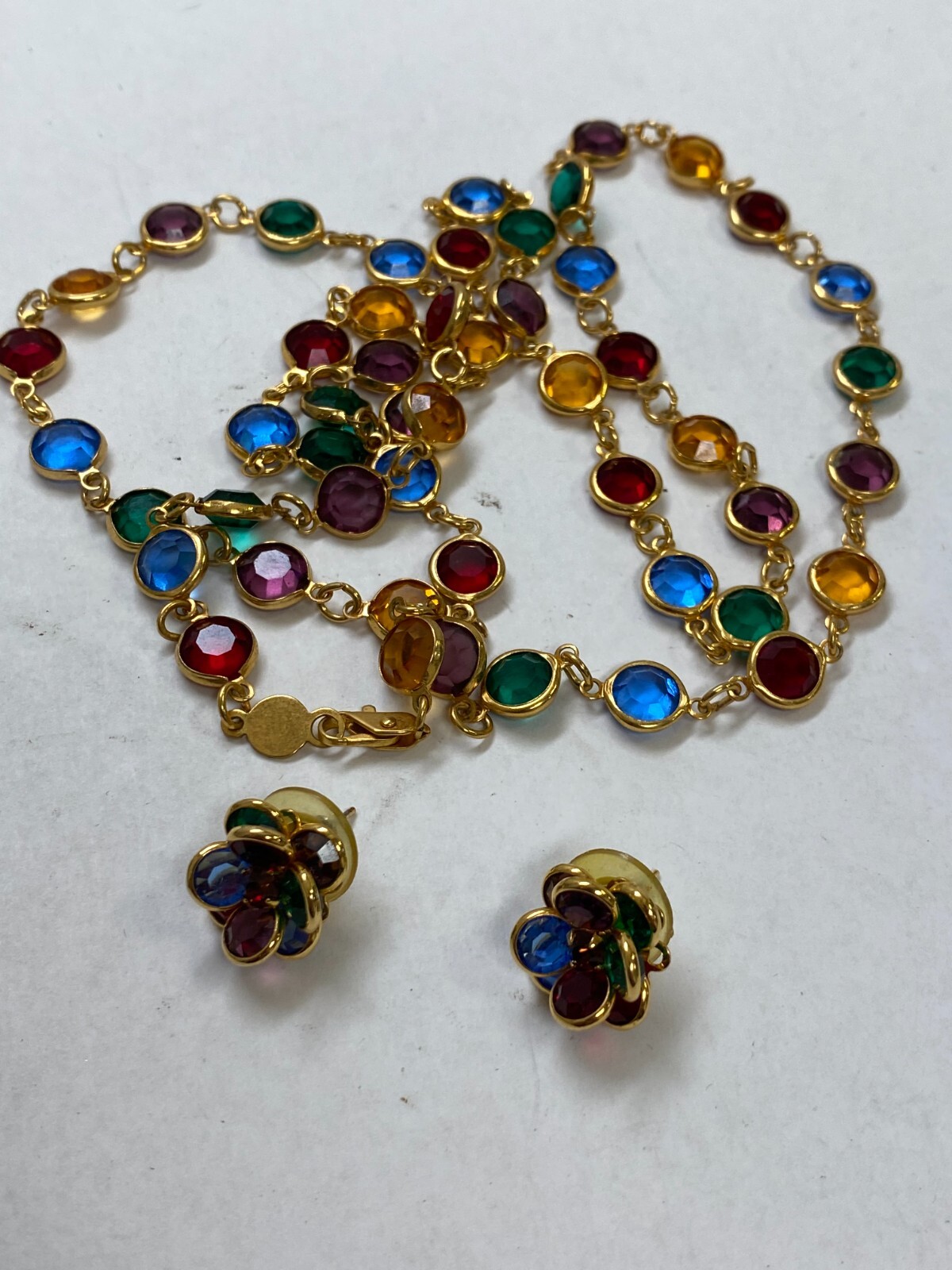 Austrian Crystal USA Vintage Necklace/Earrings Multicolor Open Bezel Gold Color