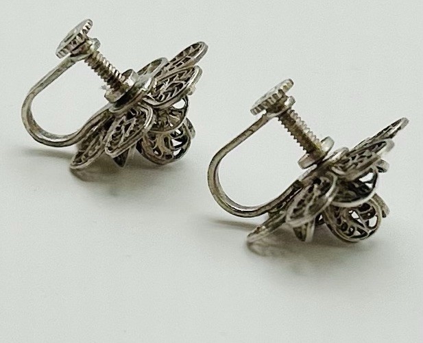 Antique 800 Silver MEXICO Cannetille Filigree Flower Screw-Back Earrings Signed