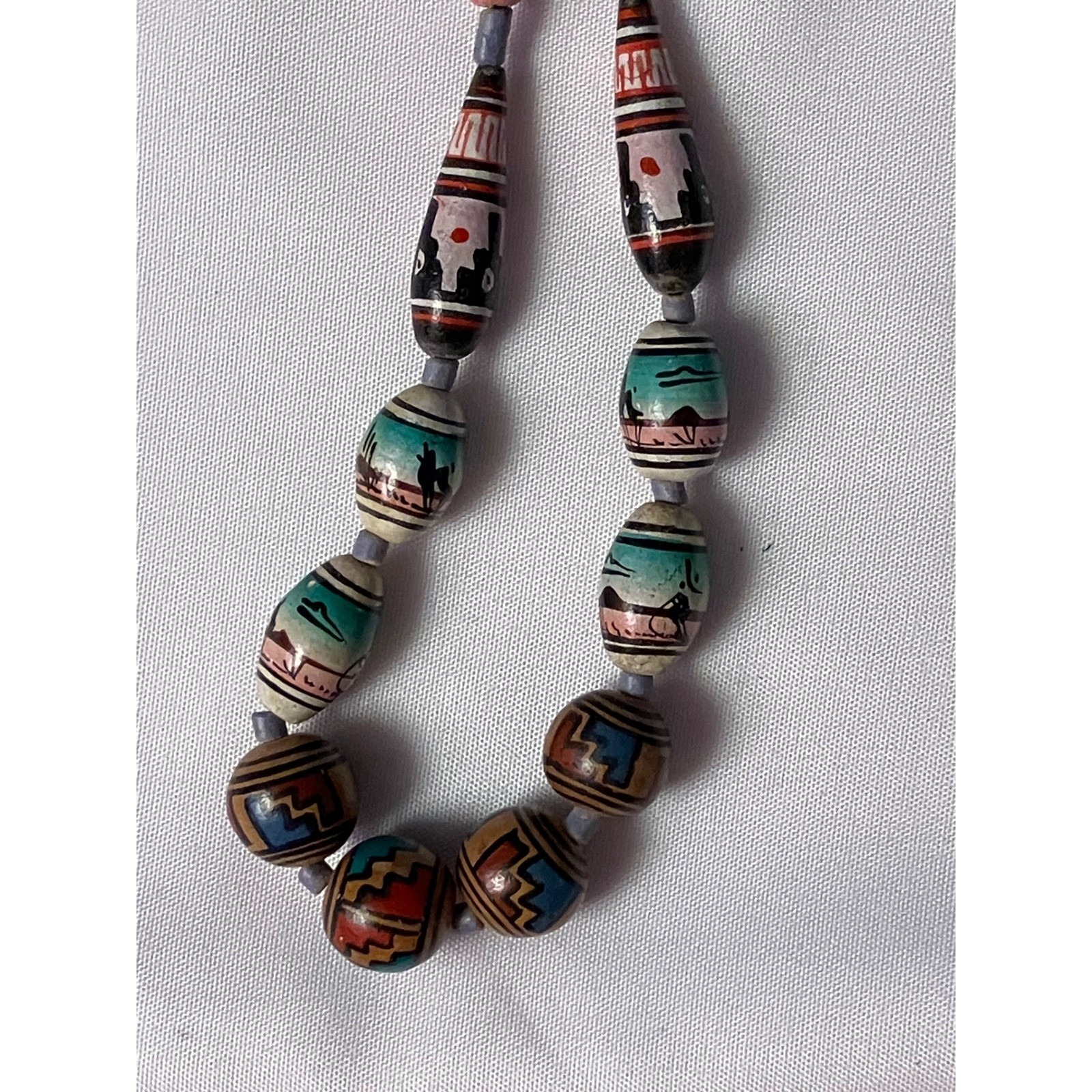 Vintage Southwestern Hand Painted Wood Bead Necklace Desert Landscape Tribal 19″
