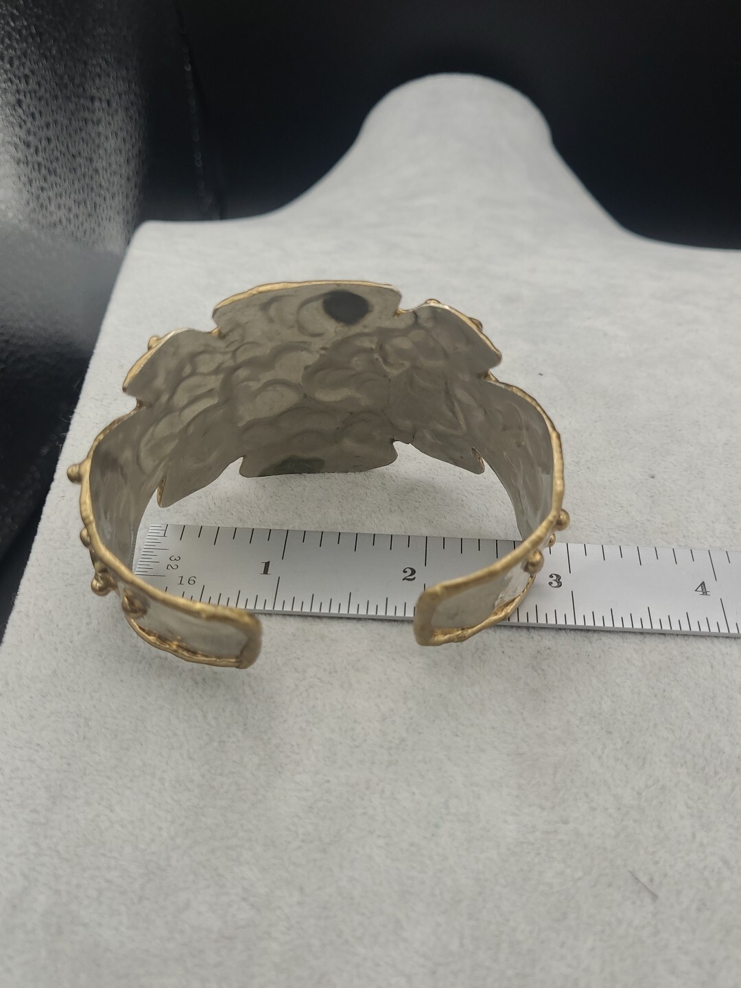 Vtg Mixed Metals Silver Tone Brass Copper Natural Stone Brutalist Cuff Bracelet