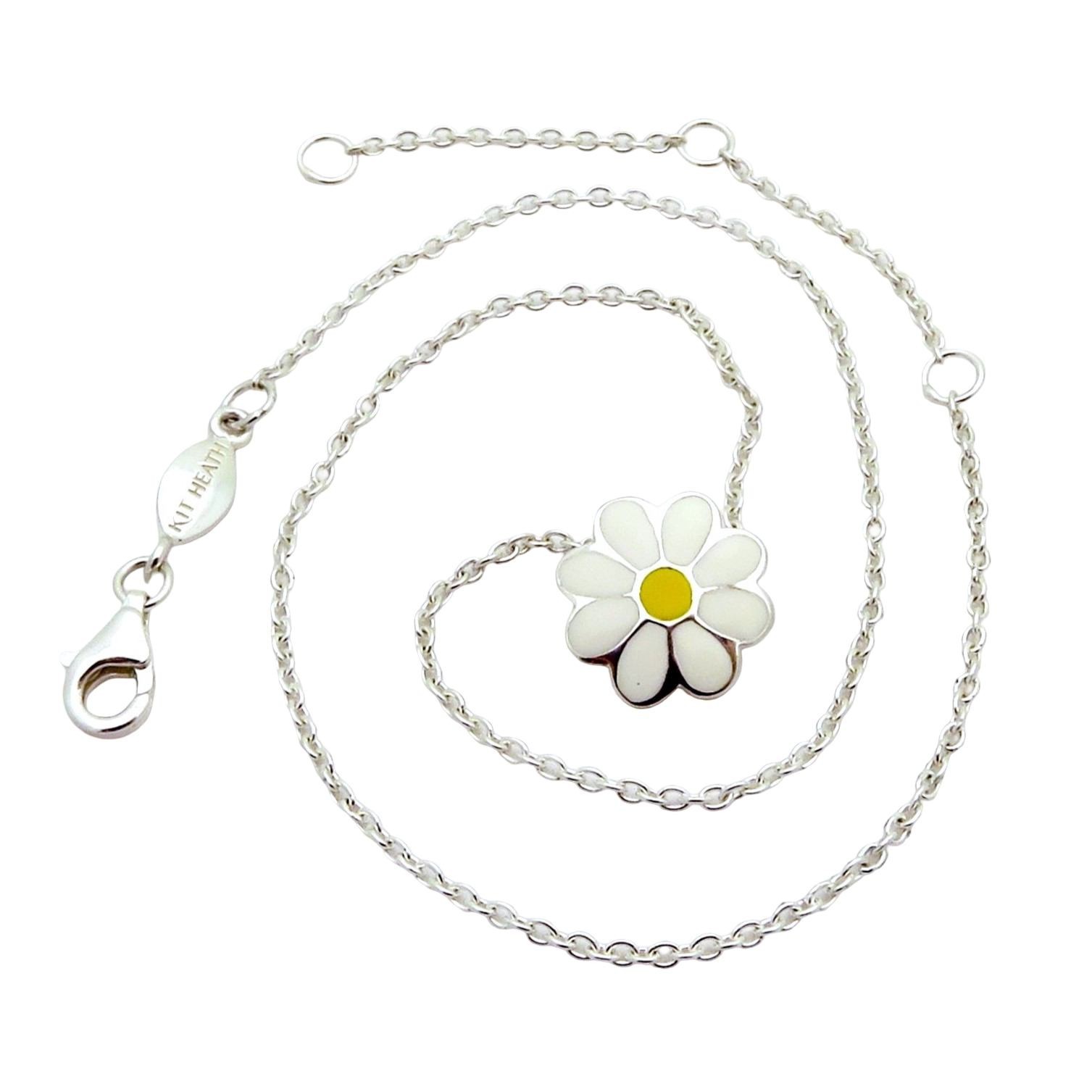Vintage Kit Heath Sterling Silver Enamel Daisy Flower Pendant Kid’s 14″ Necklace