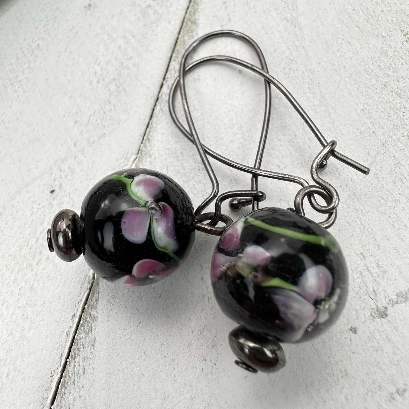 Vintage Venetian Murano Glass Black Flower Ball Dangle Earrings