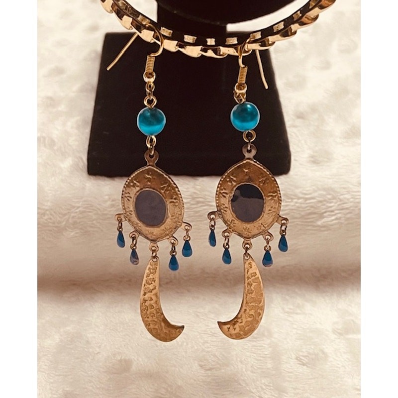 Vintage Boho Rose Gold, Blue Tones , Lightweight Metal Dangle Earrings-EXCELLENT