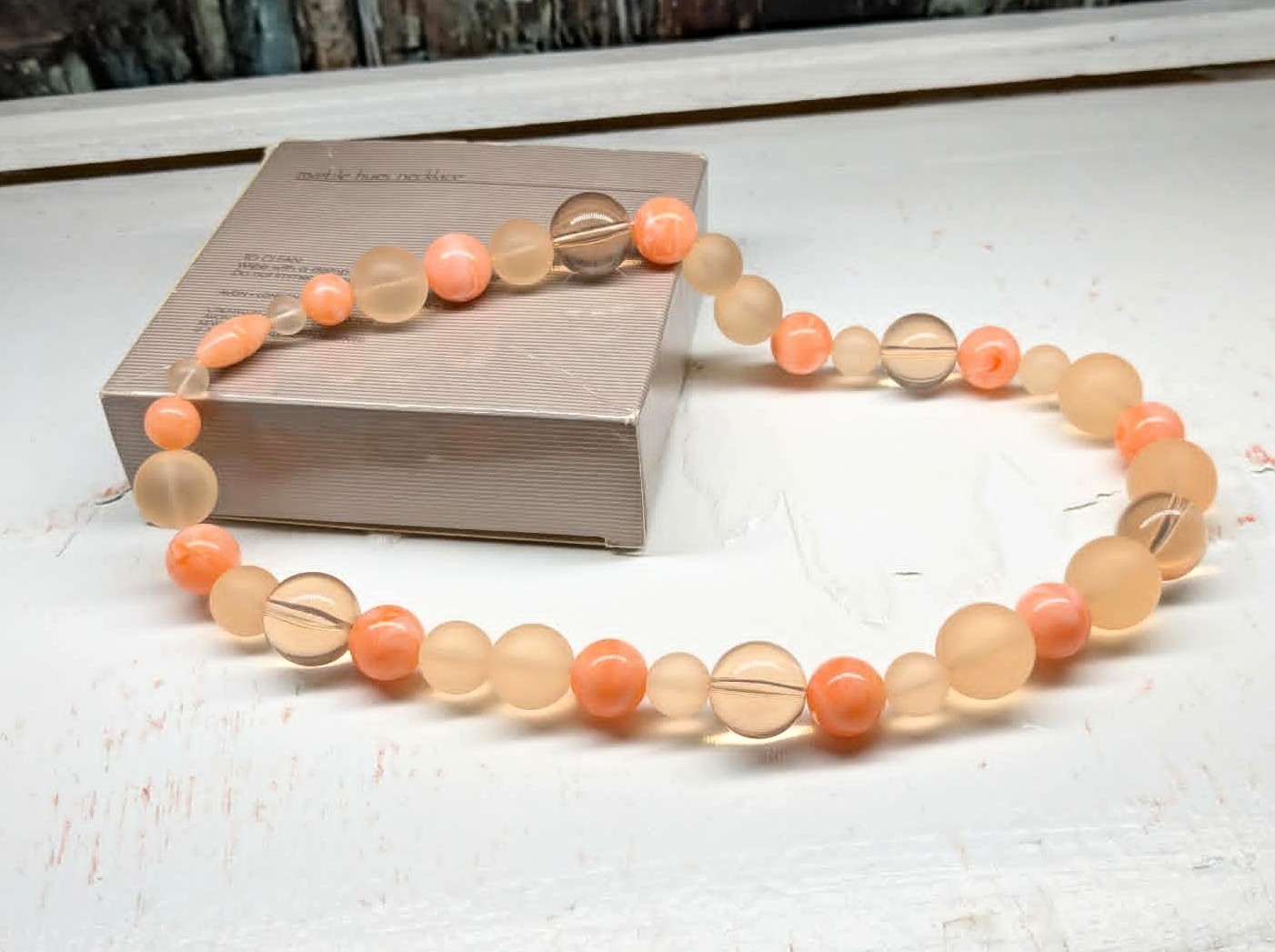Vintage Avon 1986 Marble Hues Soft Coral Beaded Necklace 20 inch Costume Jewelry