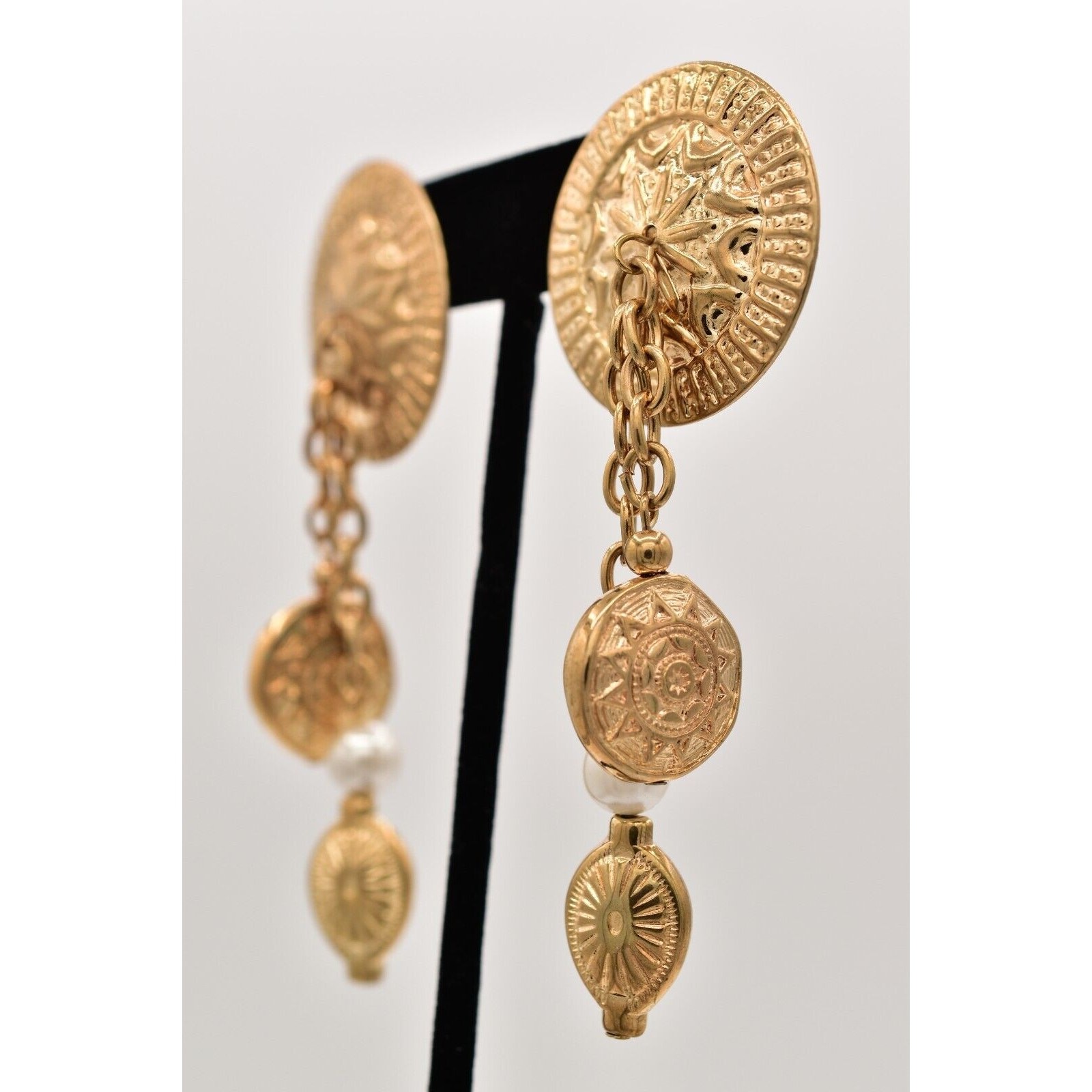 Vintage Coin Dangle Chain Earrings 3″ Pearl Etruscan Gold Chunky NOS 80s BinA18
