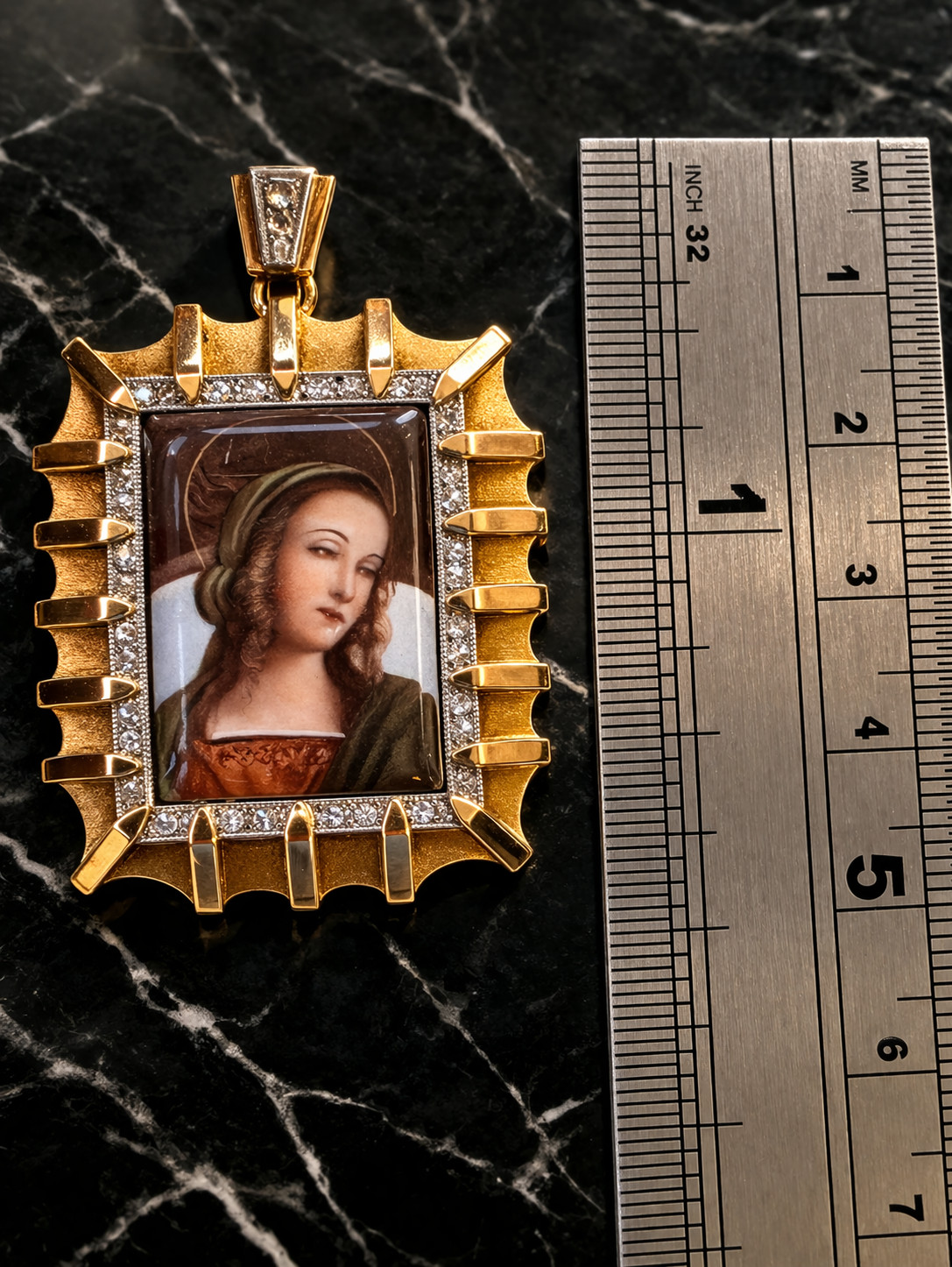 Antique sXIX 18K Gold Diamond Virgin Medallion Pendant Virgin Mary Very Rare SET