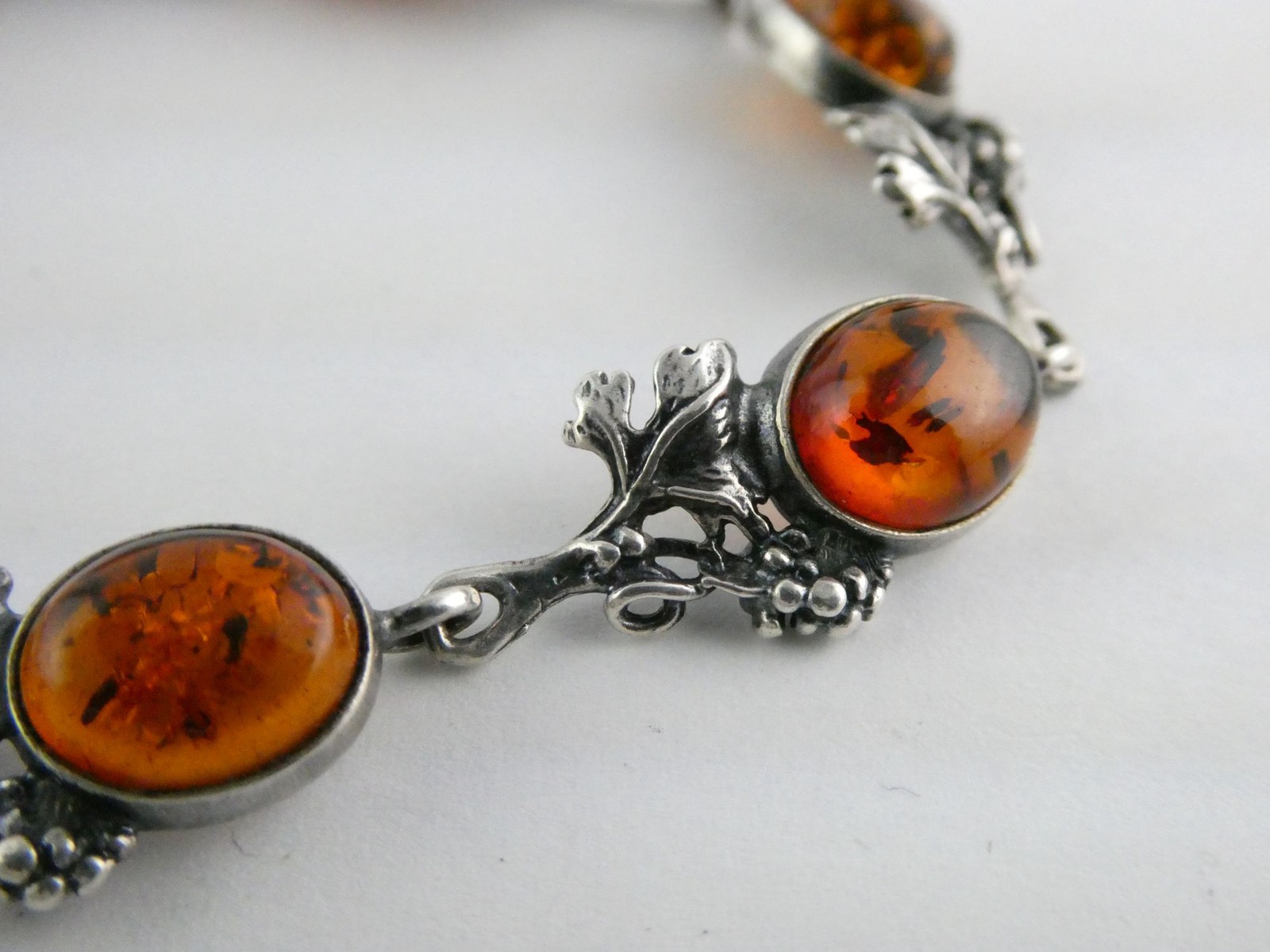 Vintage Sterling Silver Amber Cabochon Grape Vine Link Bracelet 925 7.25In 10.6g