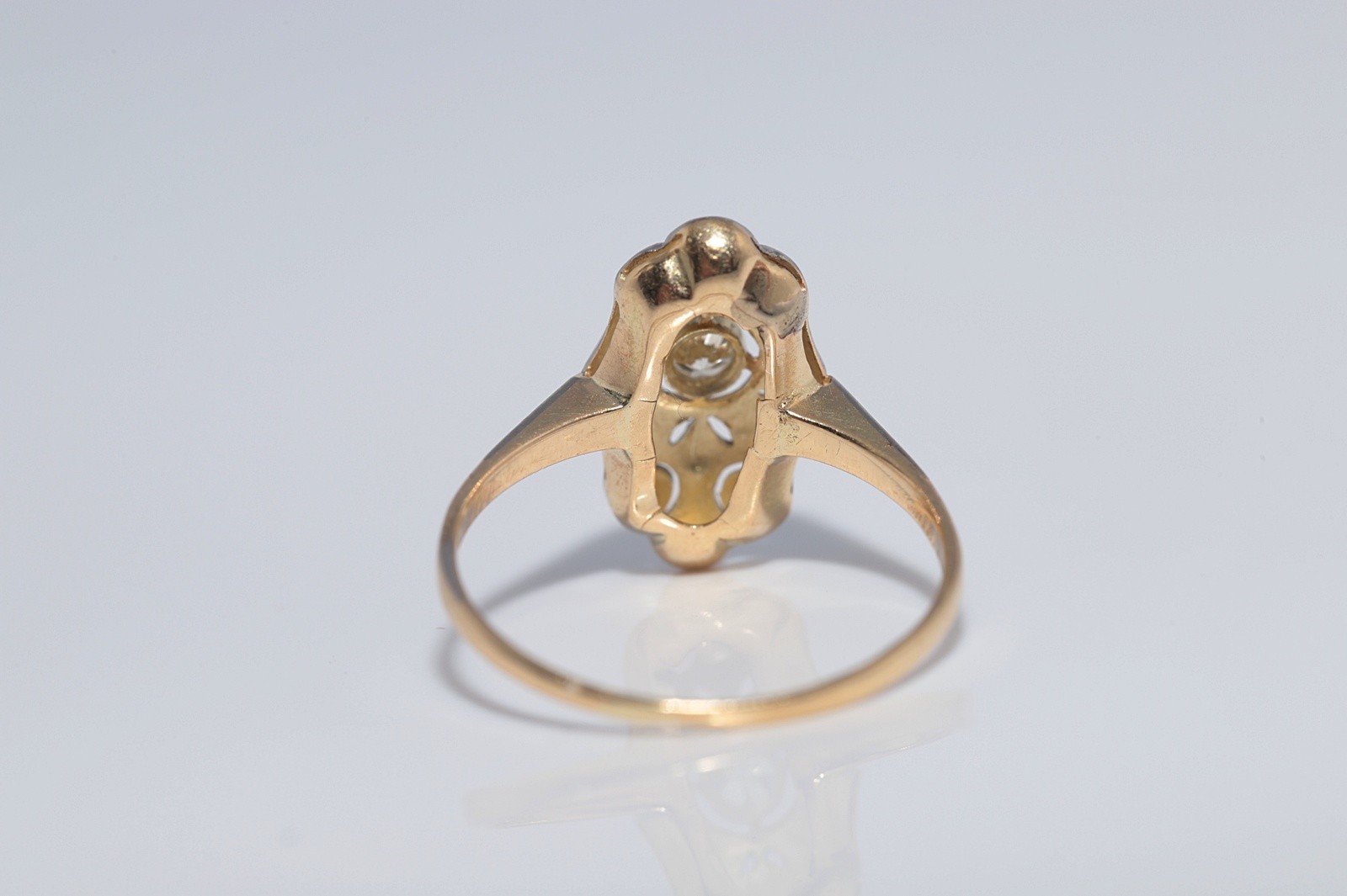 Antique Circa 1920s Art Deco 14k Gold Natural Diamond Decorated Navette Ring