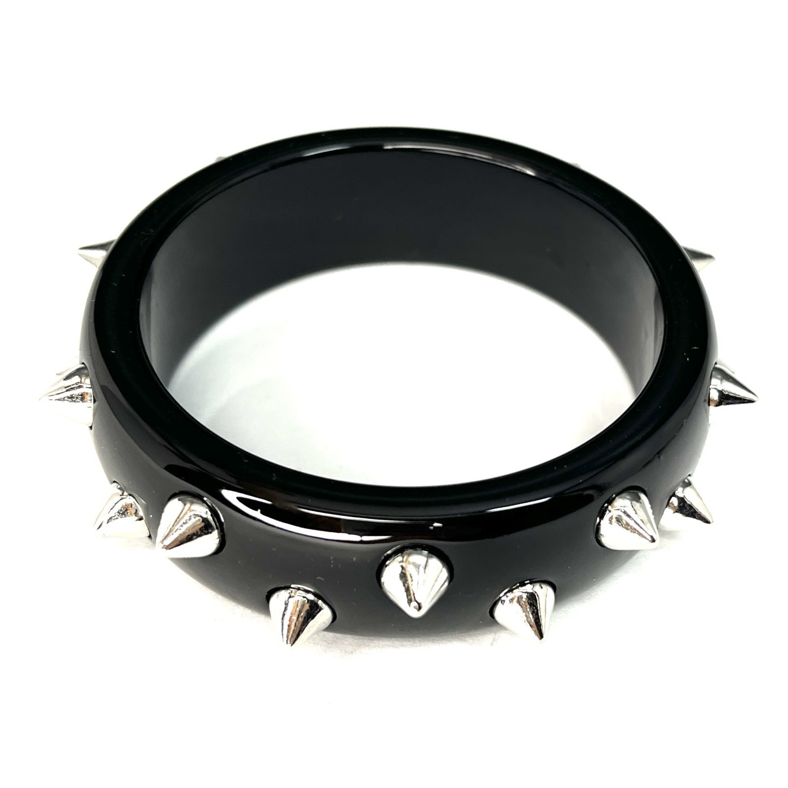 Black Lucite Bangle Bracelet Silver Spikes Punk Rock Biker Studs Retro 7.75”