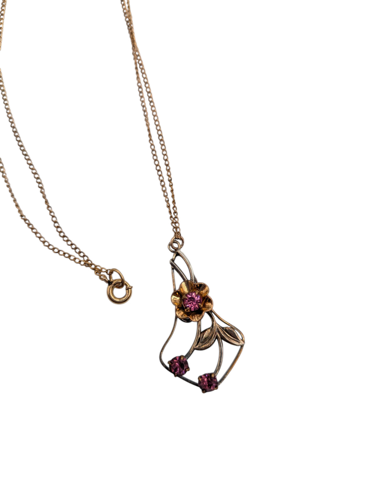 Antique 1/20 12k Gold Filled Pink Paste Stones 1 1/4″ Pendant Necklace 18″ Chain