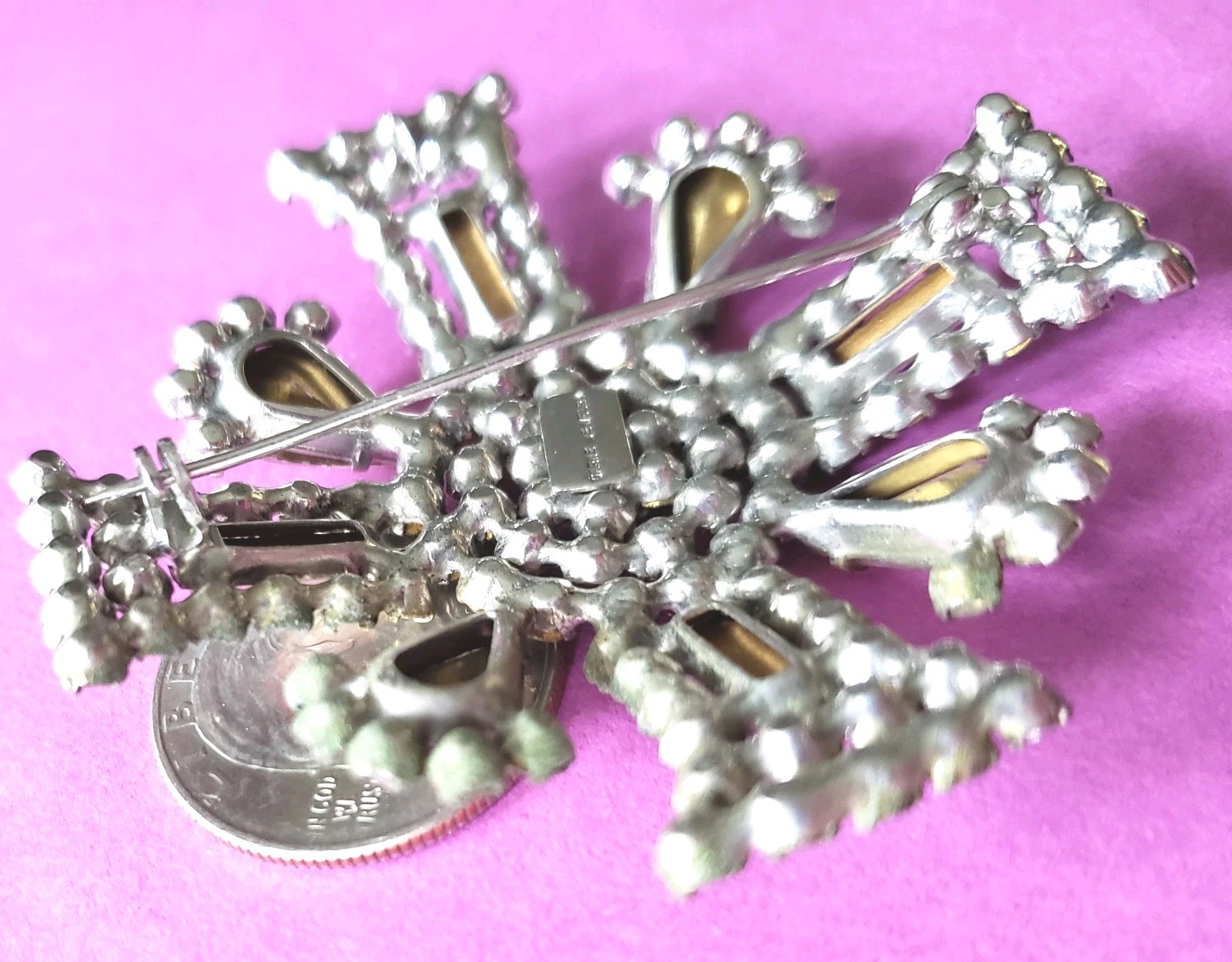 VTG GARNE New York Maltese Cross Prong Set Clear Rhinestone 2.5″ Pot Metal FAB**