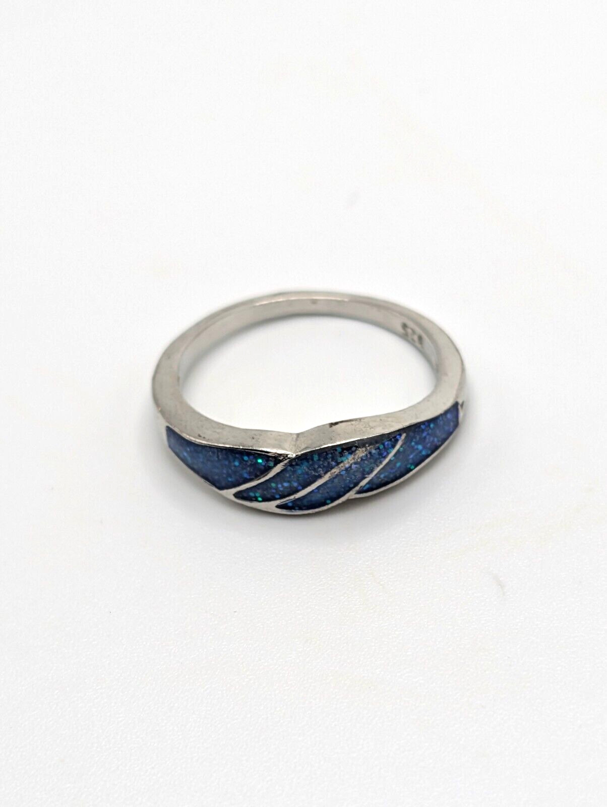 925 Sterling Silver & Inlaid Blue Opal Gemstone Ring Size 8