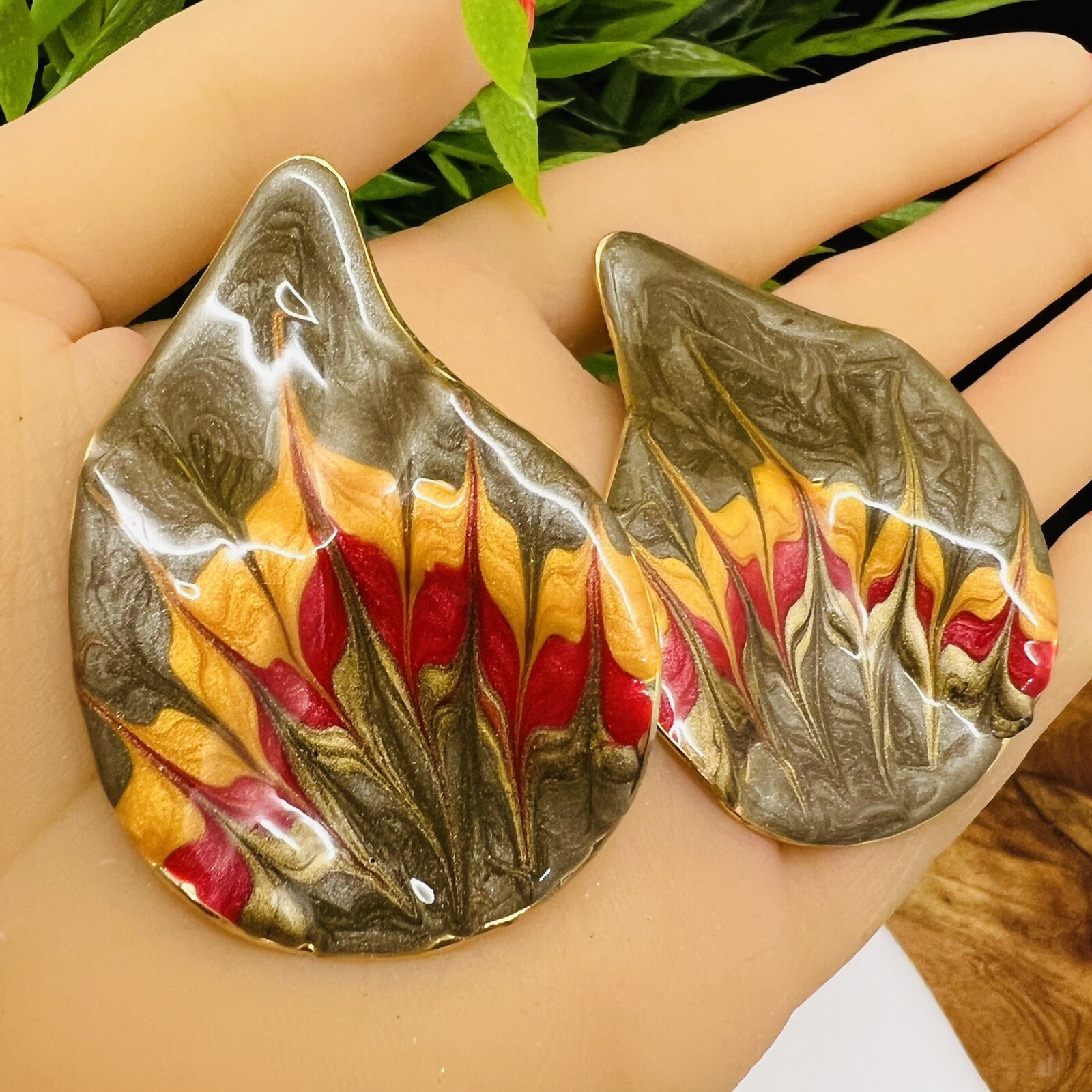Vintage Huge Earrings Enamel Abstract Gold Green Red Yellow Flame Oversized 4001