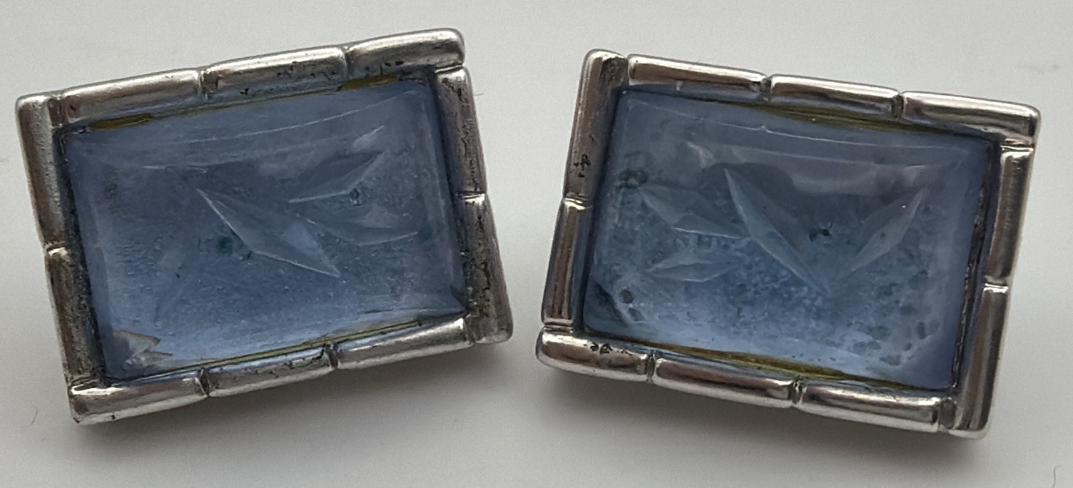 Vintage Givenchy Blue Crystal Intaglio Earrings Signed Designer Silver Tone