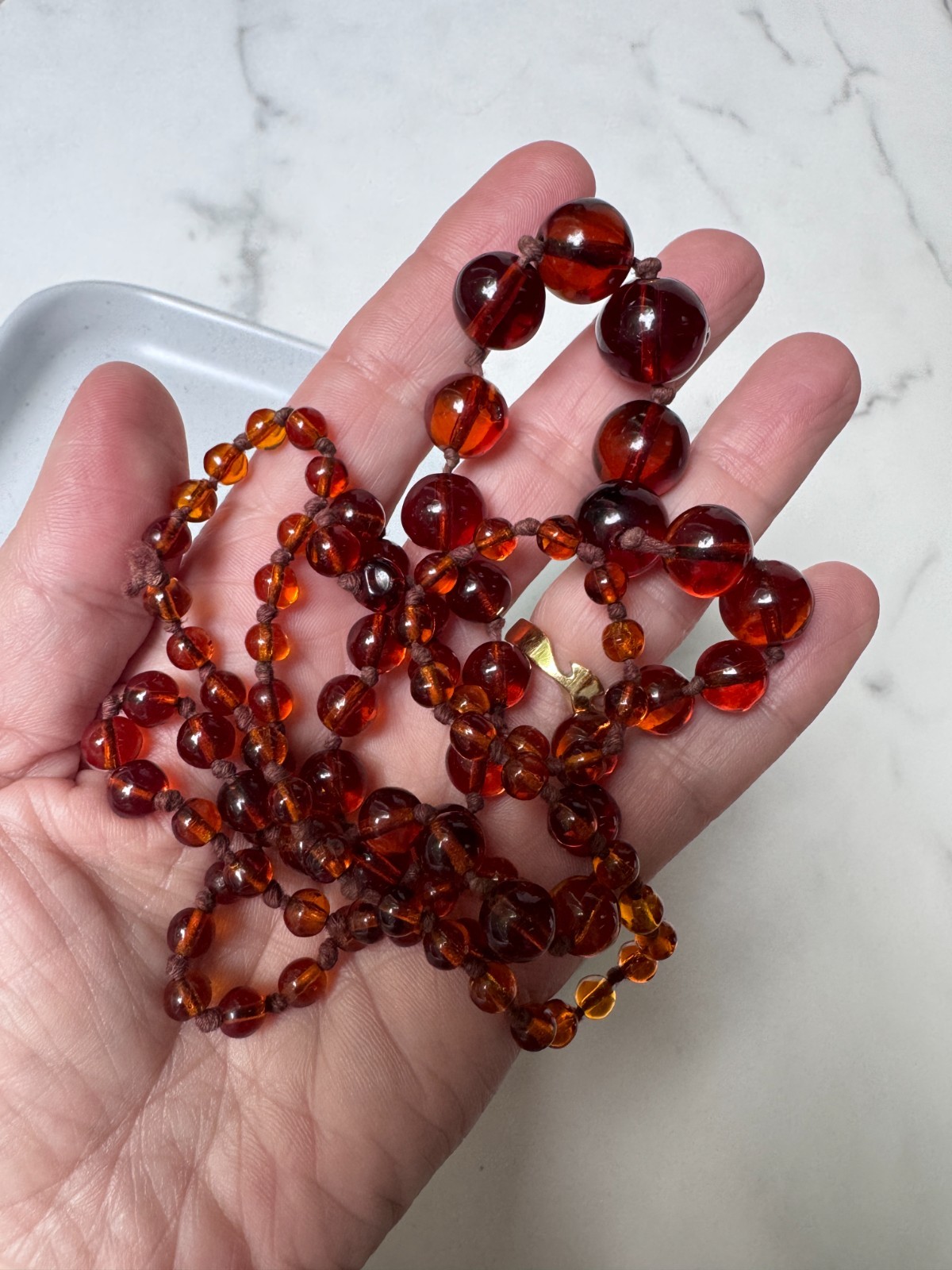 Vintage ART DECO Graduated Bead FAUX Amber Necklace, Czech Glass, Hand knot, 32”