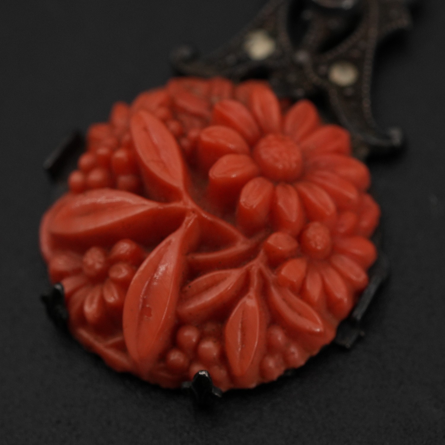 3.9g Czech Art Deco Coral Glass Floral Marcasite 925 Sterling Pendant 1.25in