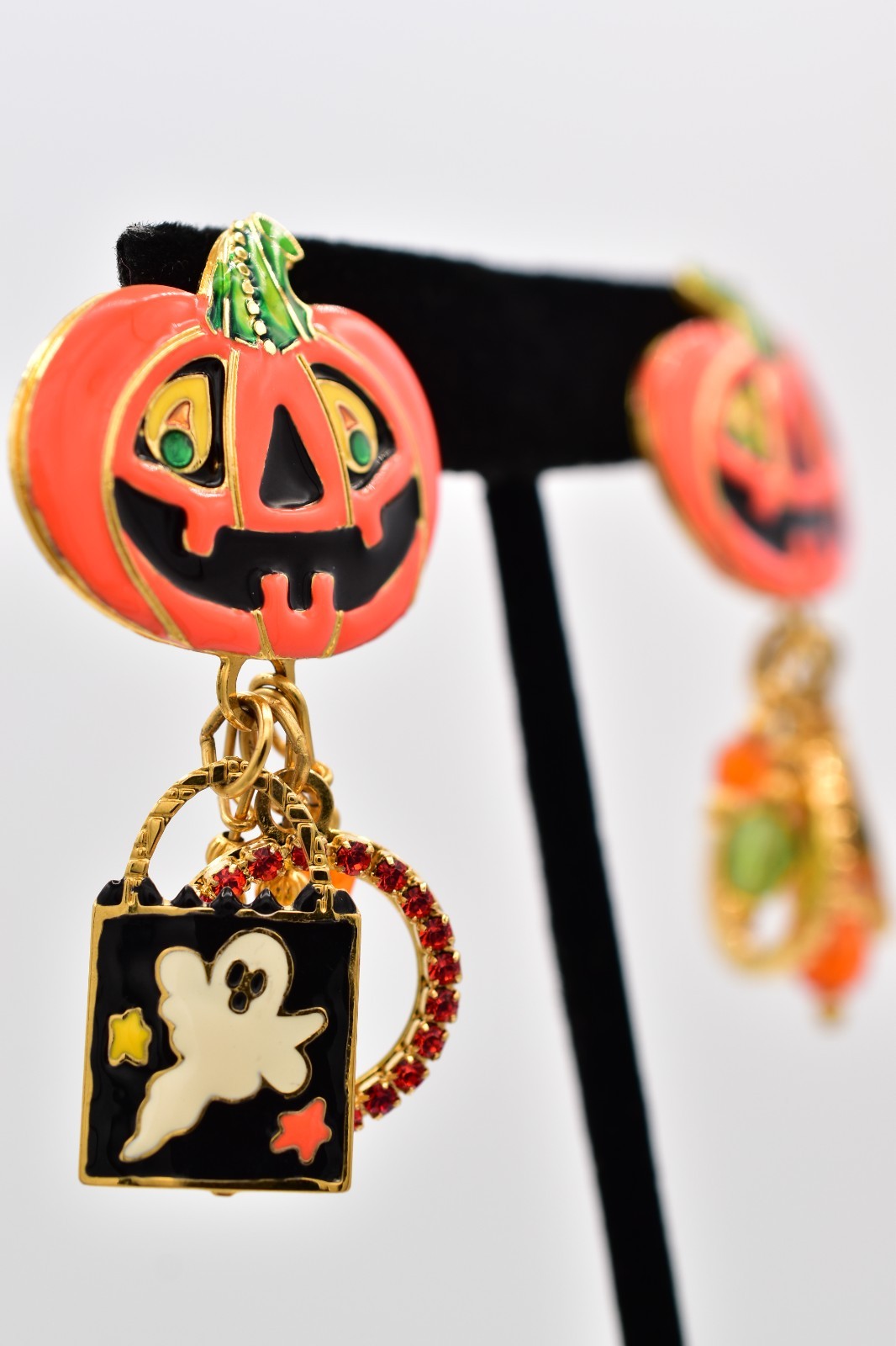 Lunch at The Ritz Halloween Pumpkin Ghost Candy Corn Charm Earrings Signed Bin1