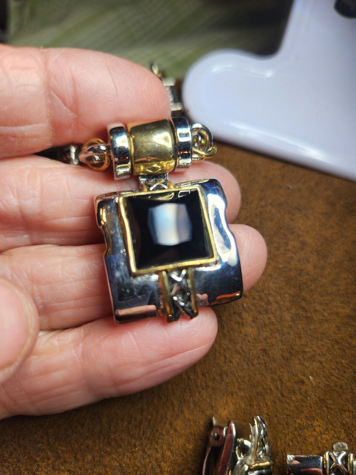 Vintage Statement Earrings And Necklace Set Silver Tone With Black Center