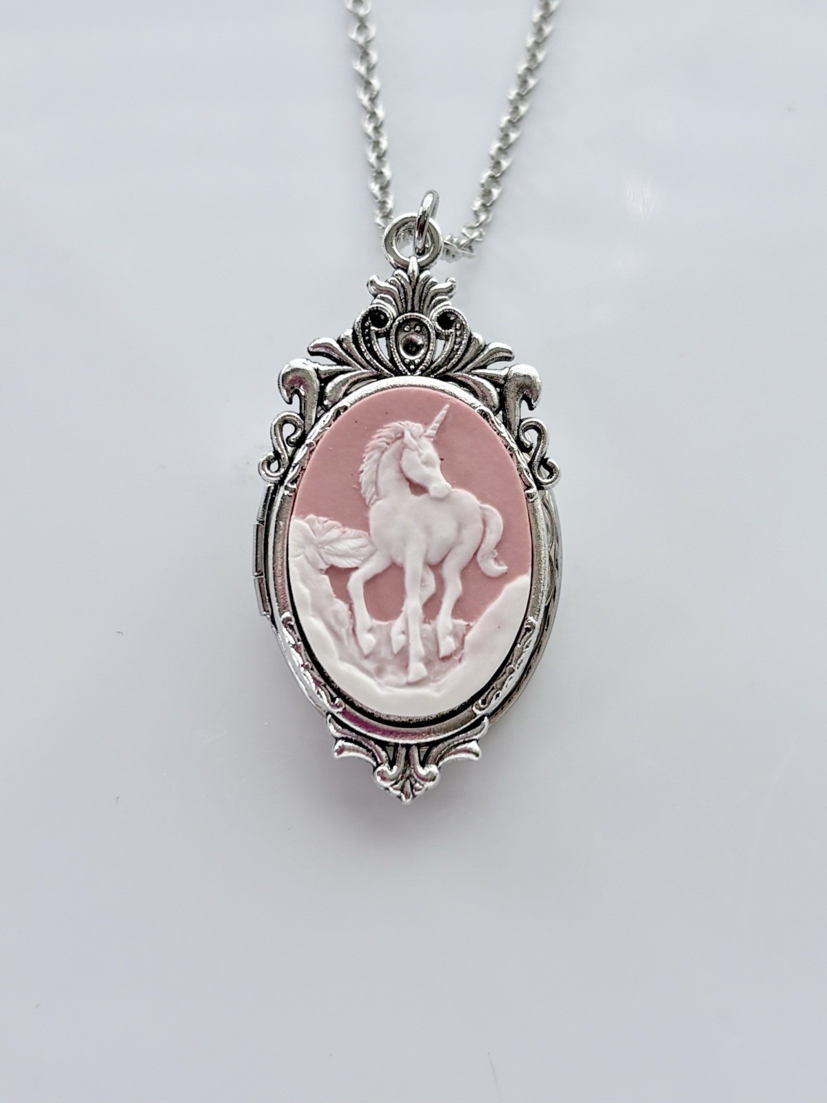 Pink Unicorn Cameo HIDDEN LOCKET Necklace, Vintage Secret Pillbox Pendant