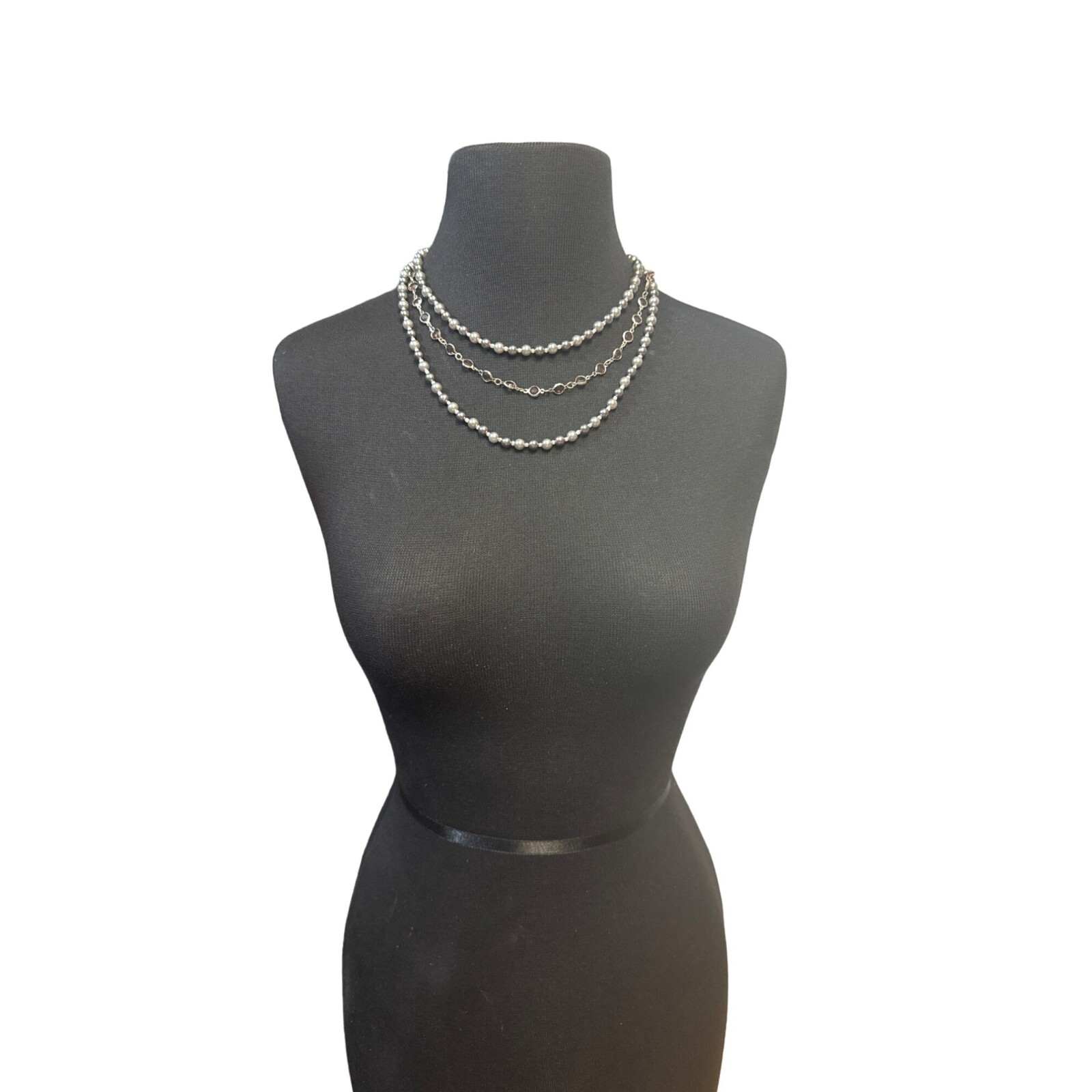 Roman And Sunstone Triple Strand Gray Pearl and Rhinestone Necklace 18 inch