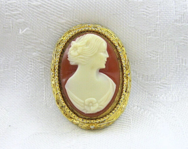 Vintage Cameo Brooch Off White Brown Goldtone
