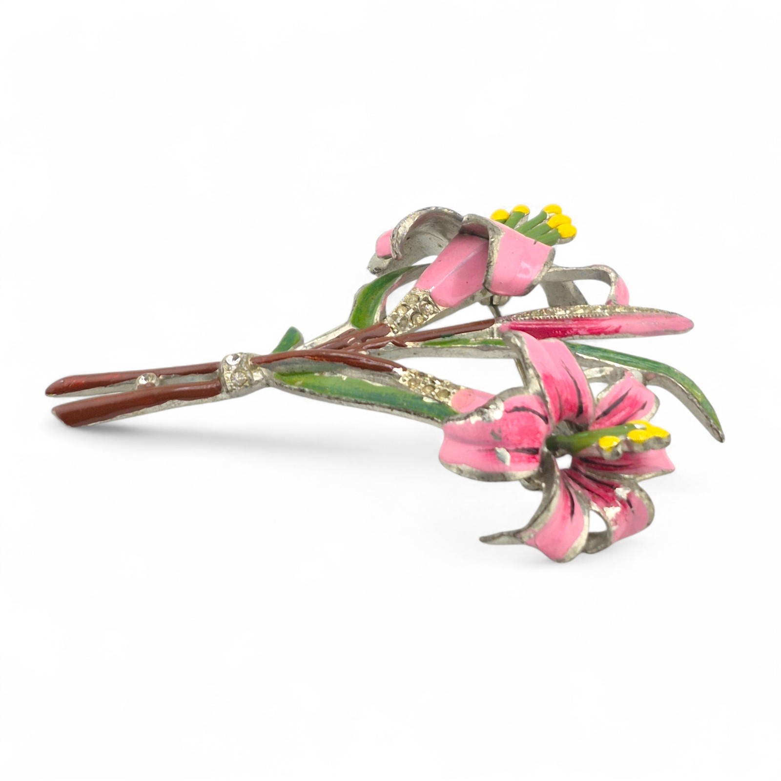 Vintage Coro Trembler Brooch Pink Lily Flower Enamel & Rhinestone Unsigned 3.3in