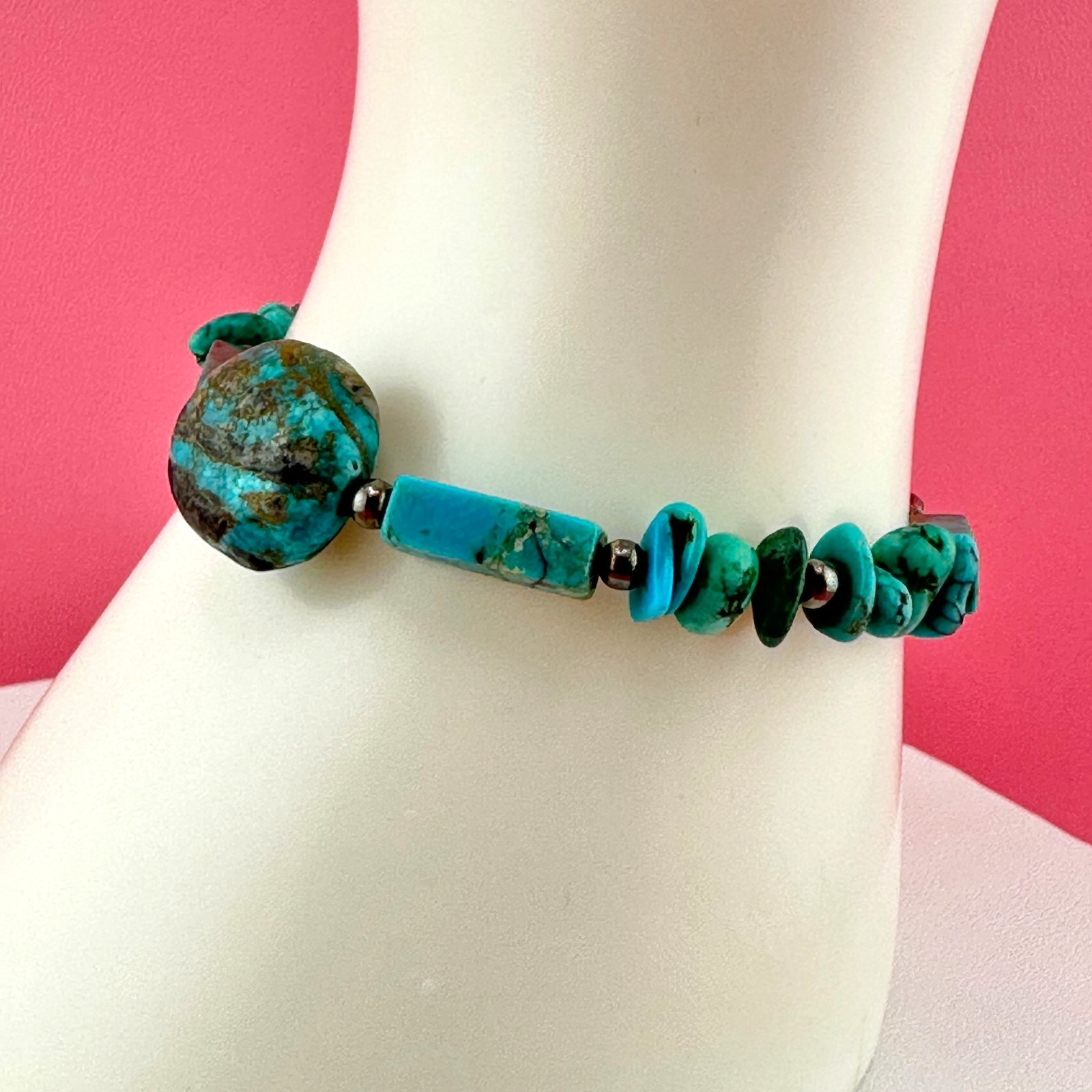 Vintage Turquoise Bead Sterling Silver Bracelet Blue Green South Western 6.25″