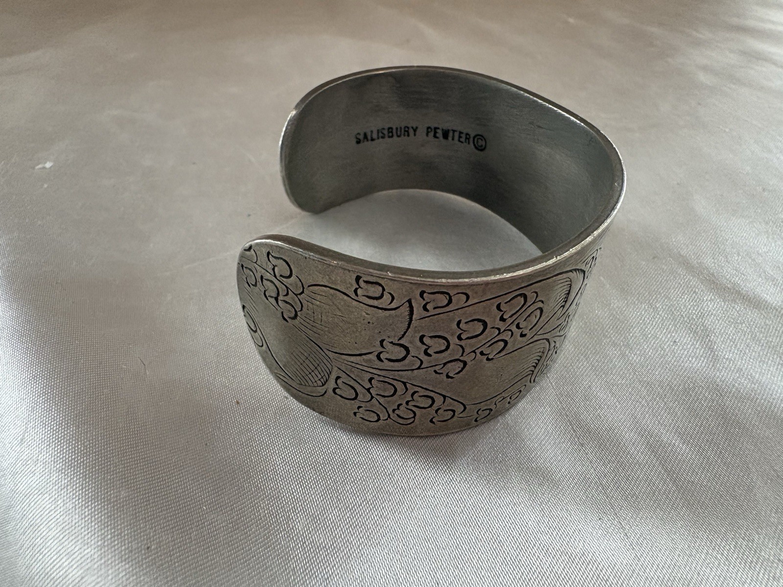 Vintage Flower Salisbury Pewter Cuff Bangle Bracelet Engraved Etched May