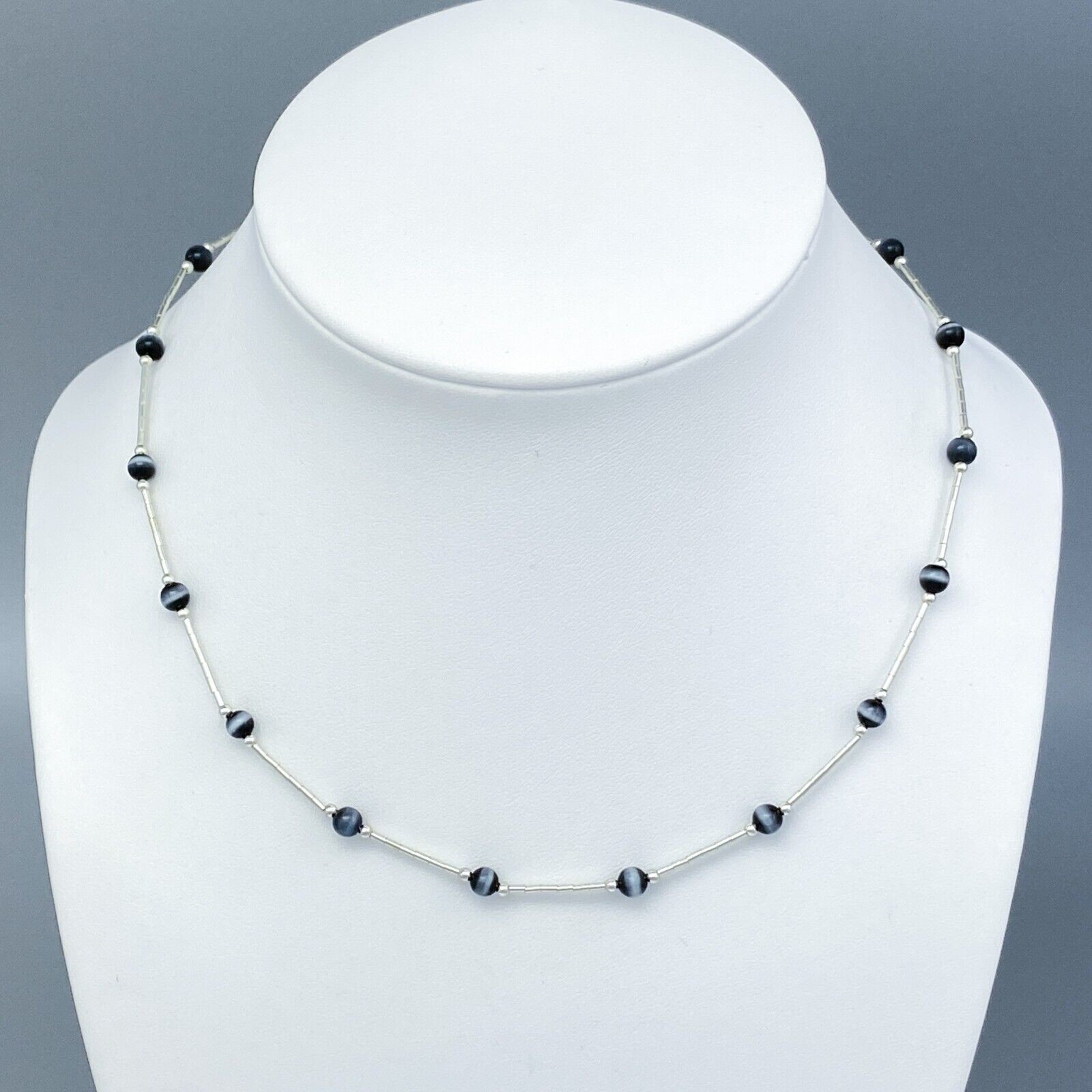 Vintage Sterling Silver 925 Green Simulated Tiger’s Eye Station Necklace 16″