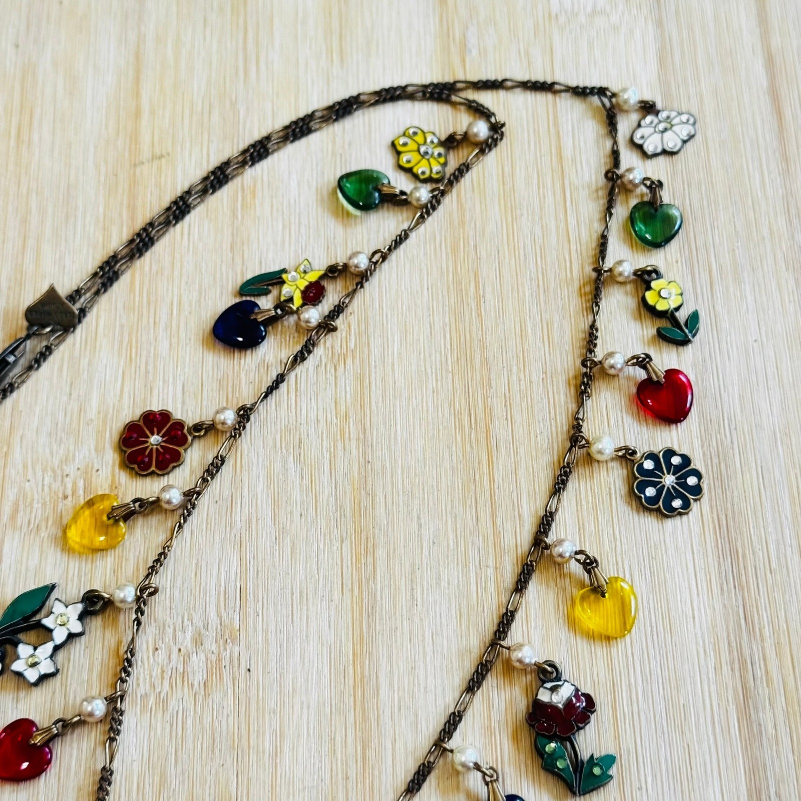 VTG Glass Works Studio Charm Necklace Crystal Enamel Heart Pansy Flower Long