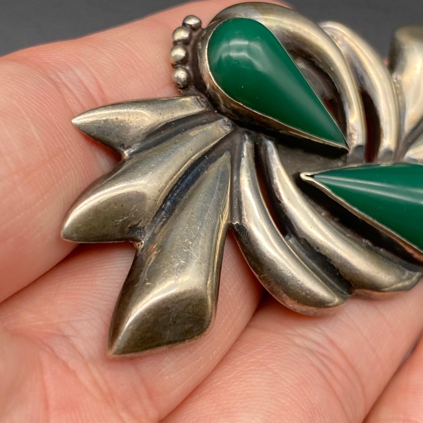 Vintage Mexico Green Onyx Sterling Silver Pin Brooch