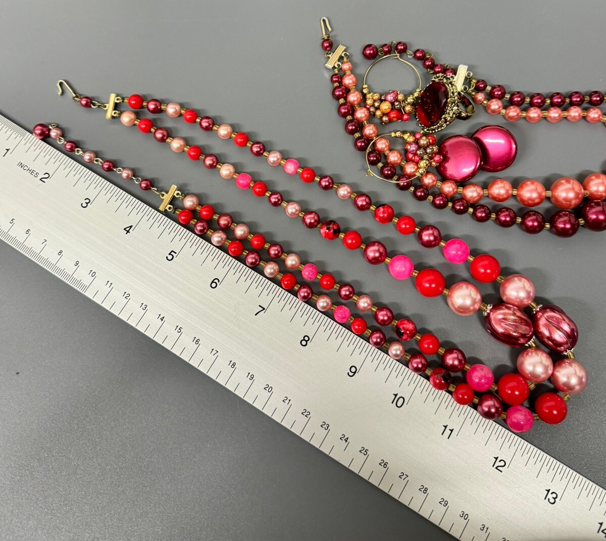 Vintage Purple Pink Red Multi Strand Beaded Necklace Japan Plastic Earrings Ring