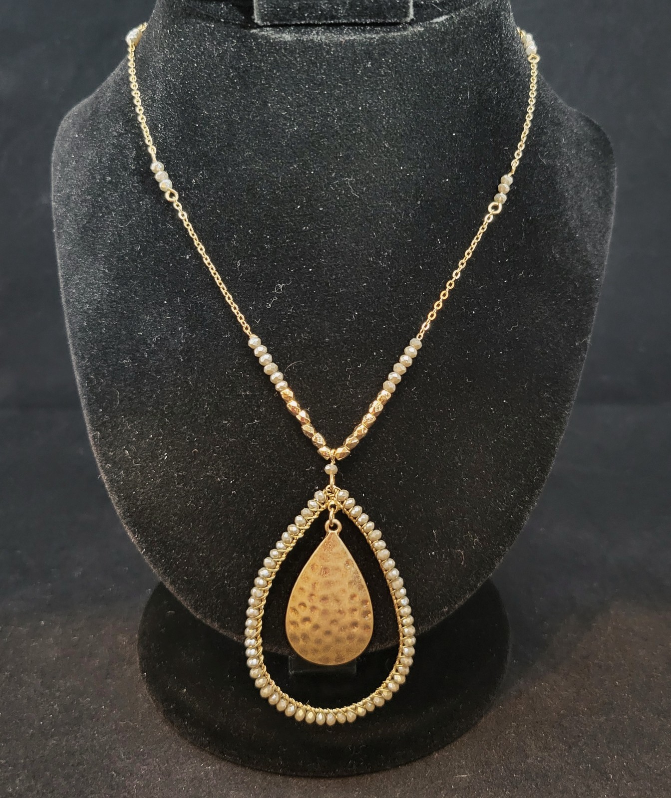 Vintage Long Gold-Tone Beaded Statement Pendant Necklace ~ 37″ Long