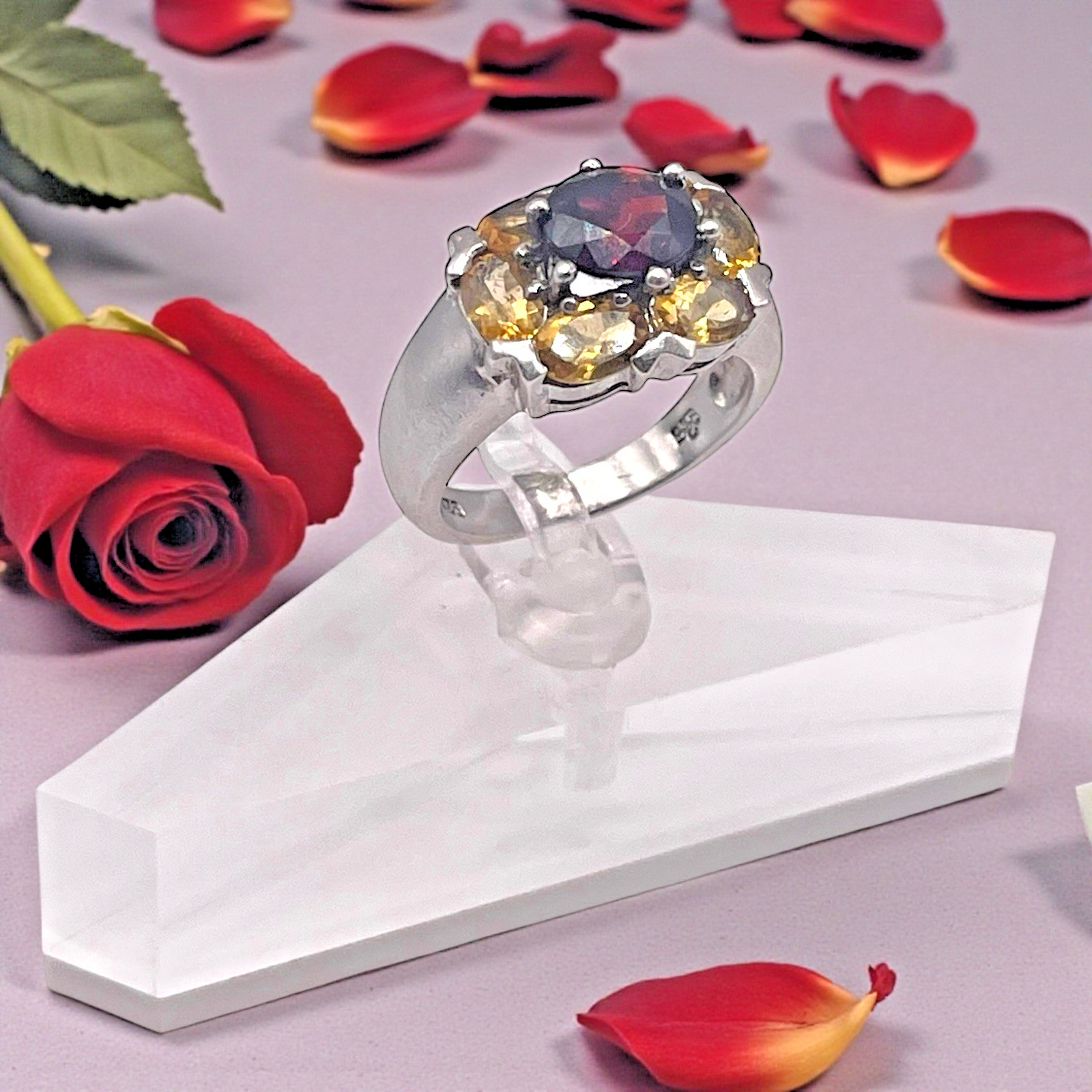 Estate Red & Yellow CZ Cluster 925 Sterling Silver Cocktail Ring, size 7