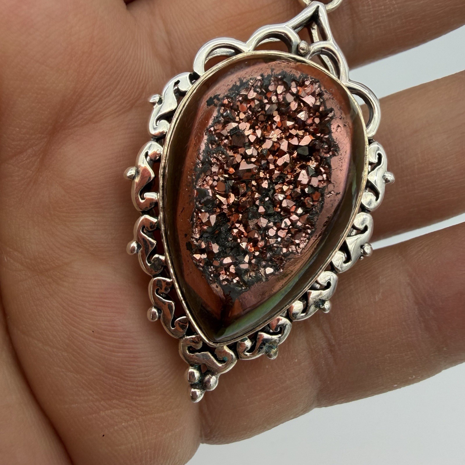 Vtg 925 Sterling Silver Pink Druzy Quartz Pendant 15.9 Signed GS QVC HSN Estate