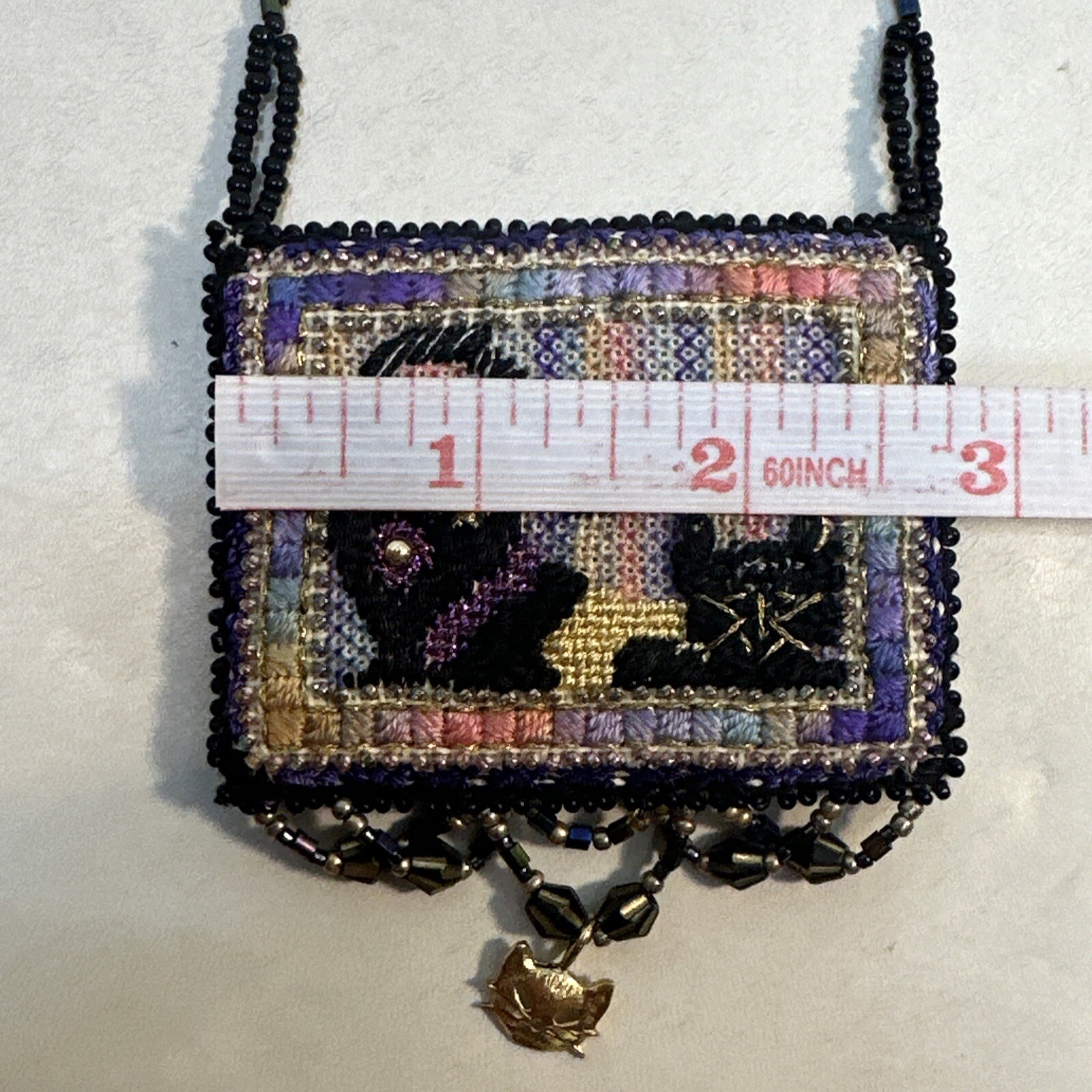 Vintage Handmade Kitty Cat Sead Bead Southwestern Necklace With Fringe Dangle
