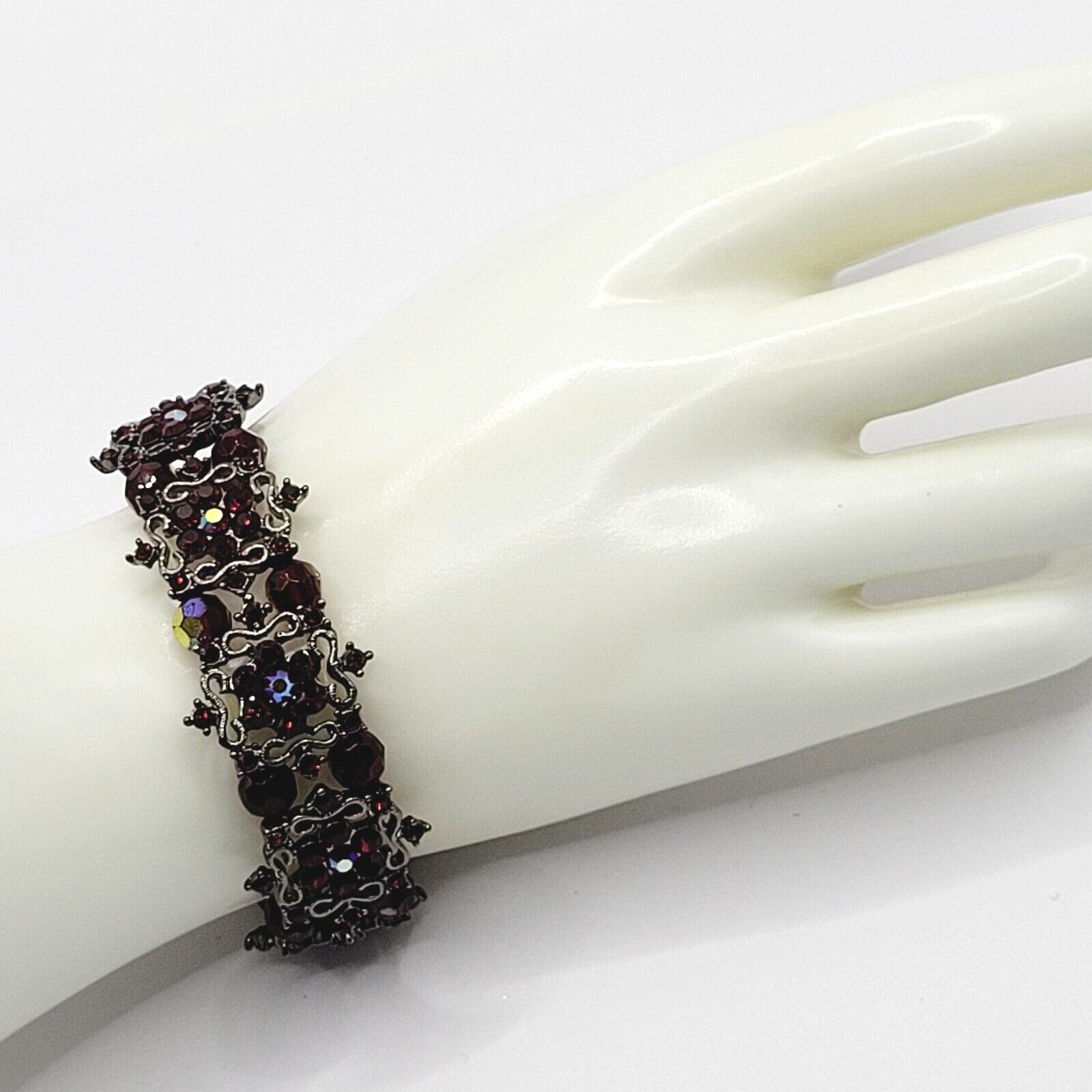 Red AB Crystal Sparkle Flower Floral Metal Ornate Fancy Event Stretch Bracelet