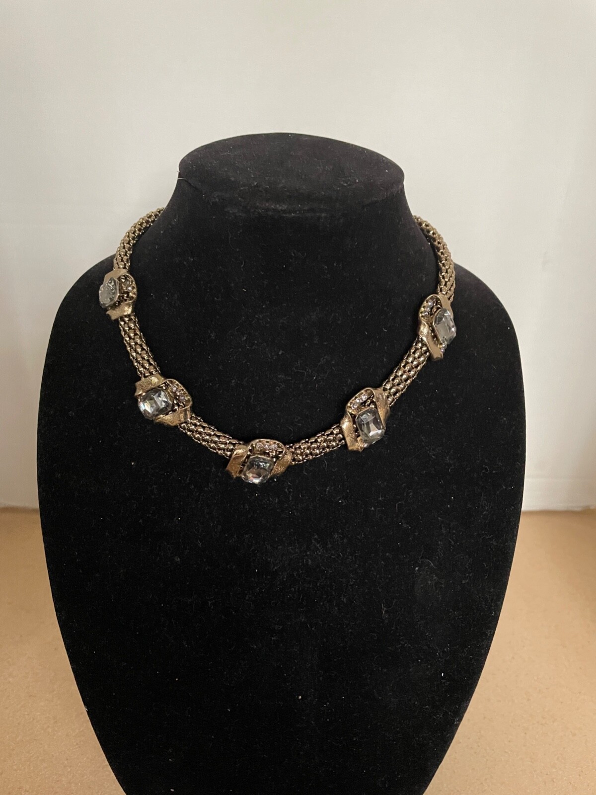a:c AC choker necklace Smoky grey white rhinestones antiqued gold tone F97