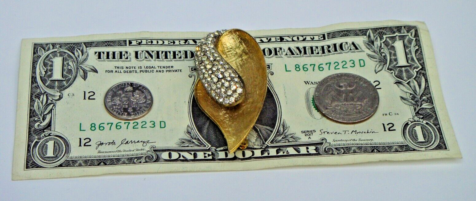 Leaf Pin-Brooch Brushed Yellow Gold-Tone with Crystal Rhinestones Signed B.S.K.