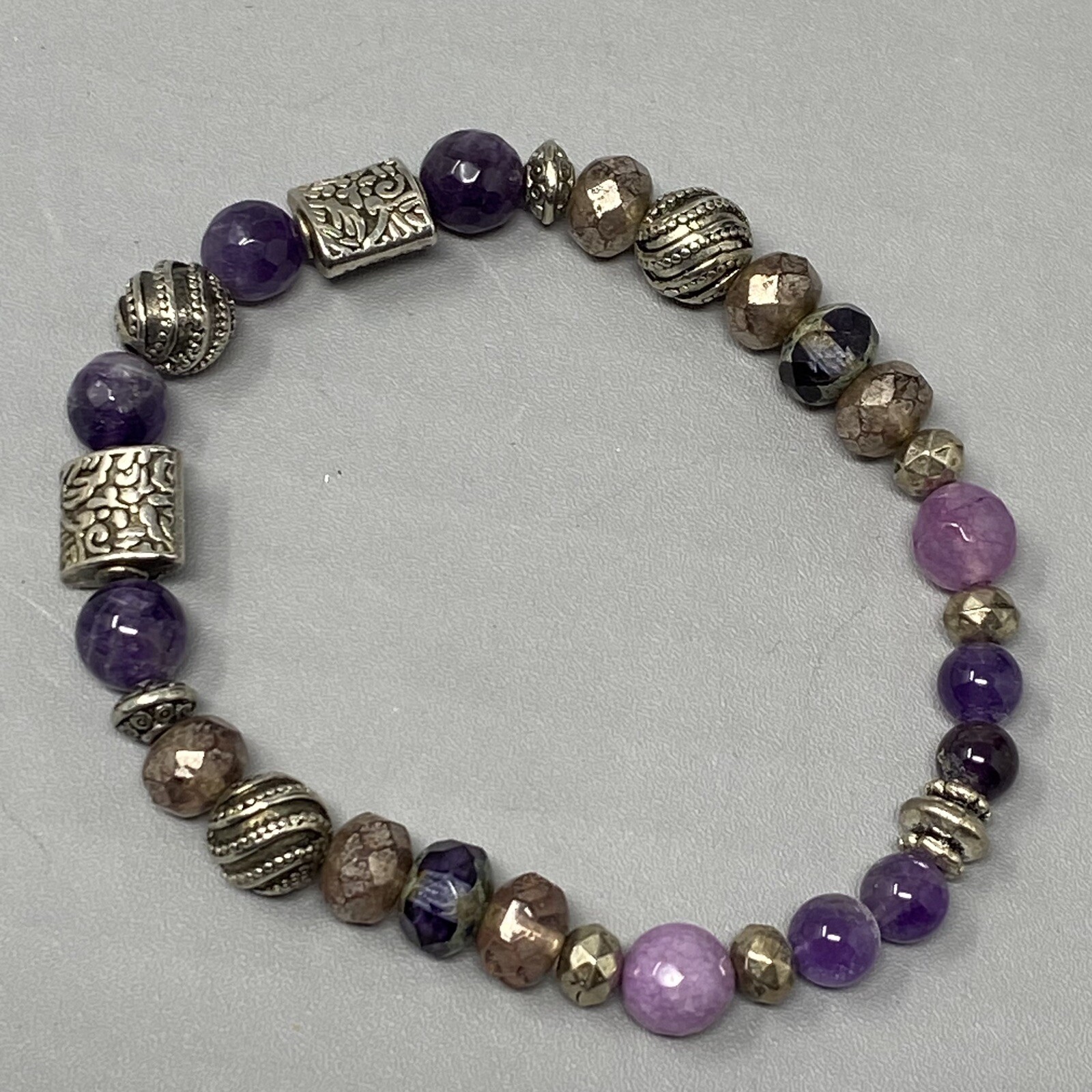 Amethyst Bracelet Purple Faceted Beads Picasso Czech Silver Tone Spacers Stretch