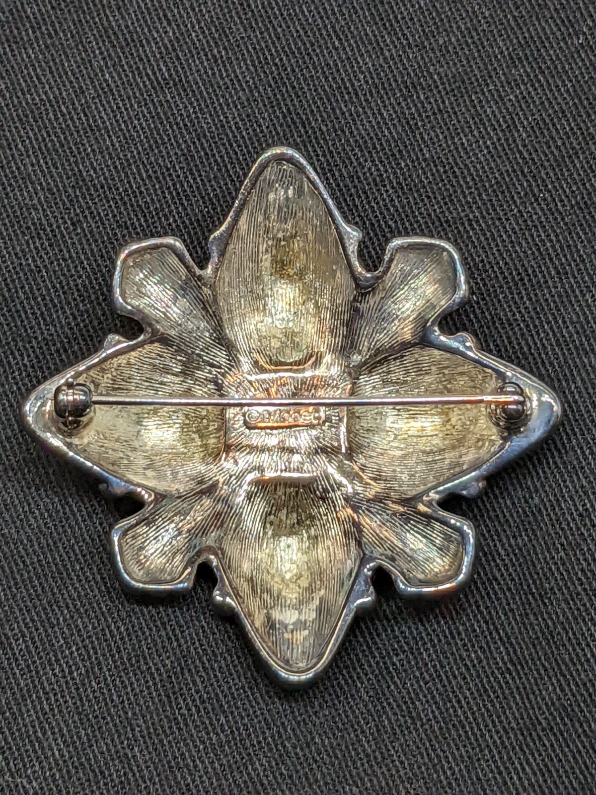 Vintage Monet Gothic Revival Brooch Ornate Silver Tone Pin Black Faux Onyx 70s