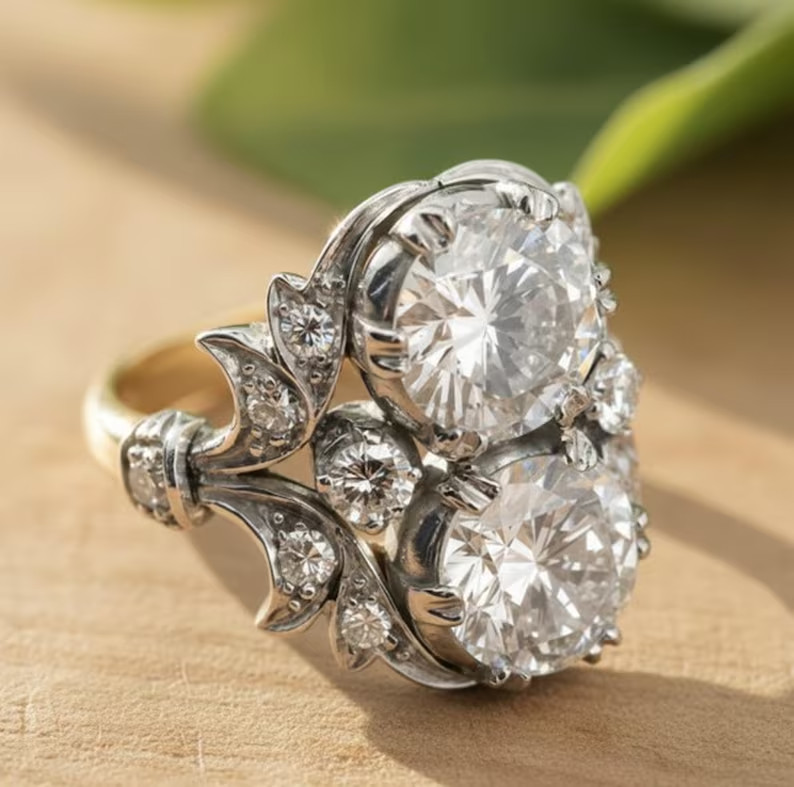 Vintage Art Deco Style Round Cut Lab Created Diamond Engagement 14K Gold FN Ring