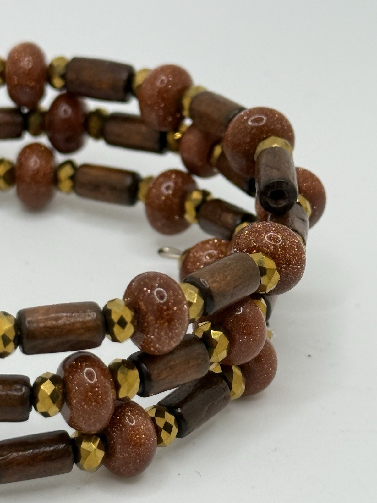 Vintage Bracelet Wood Goldstone Gemstone Wired Wrap Multi-strand Bohemian Boho