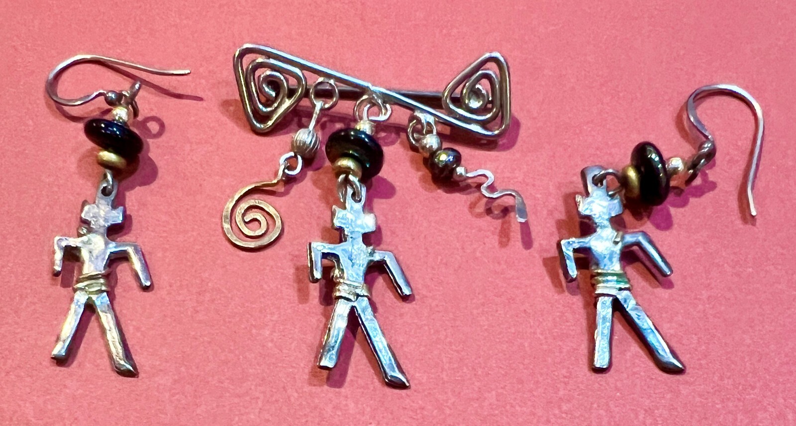 Artisan Handcrafted Sterling Silver Person Figural Brooch and Earrings Dangling