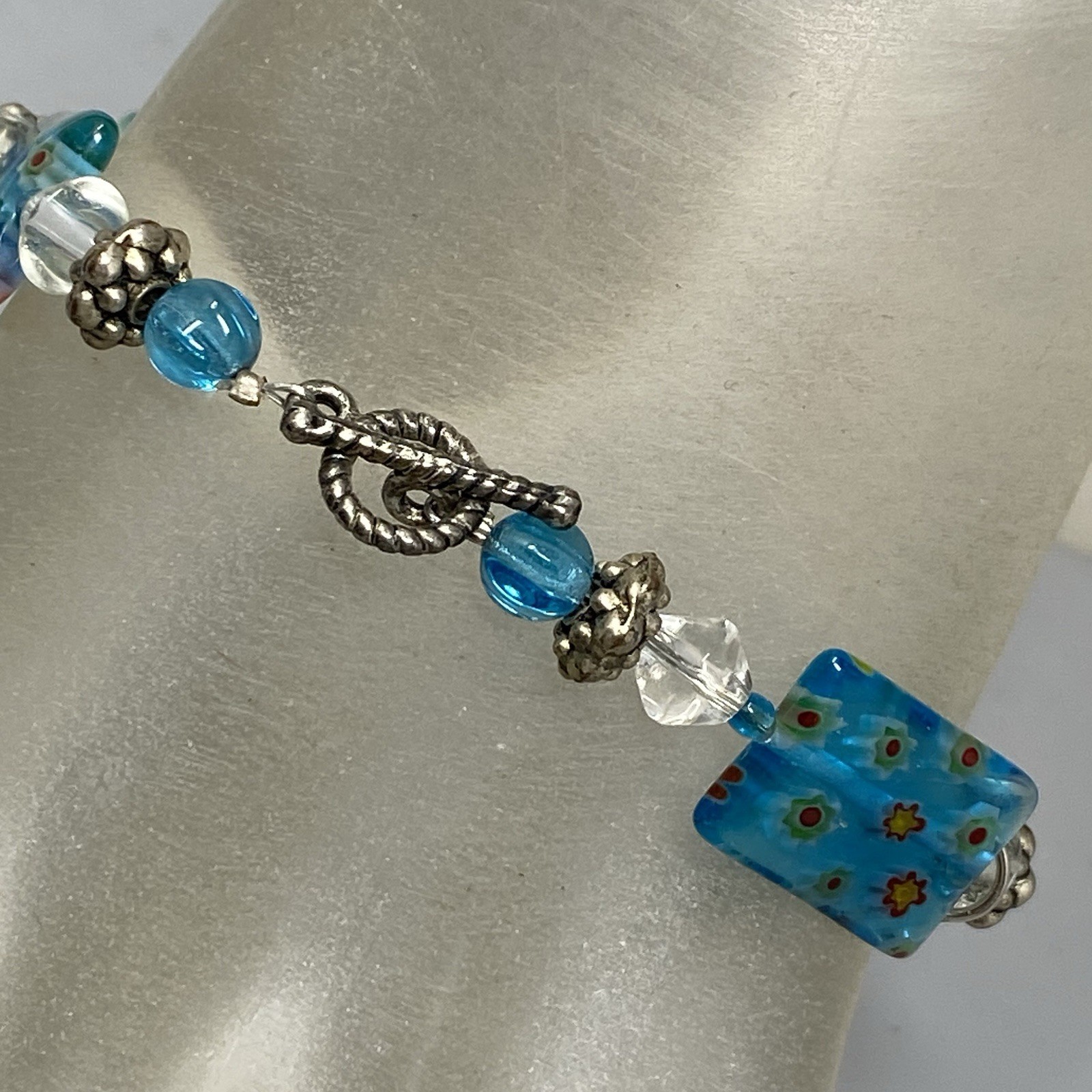 Millefiori Glass Bead Bracelet Blue Multicolor Flowers Clear Bicone Crystals 7.5