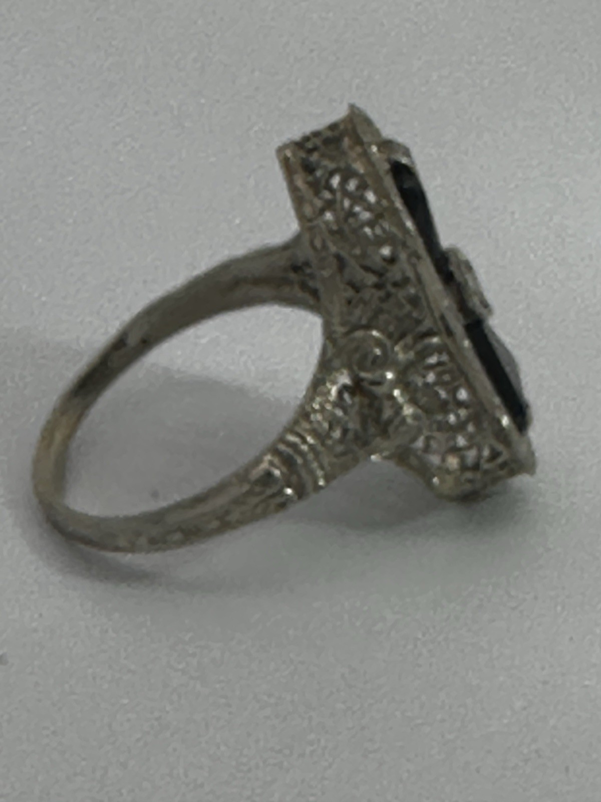 Vintage 14k White Gold Estate Onyx Diamond Ring Filigree Art Deco