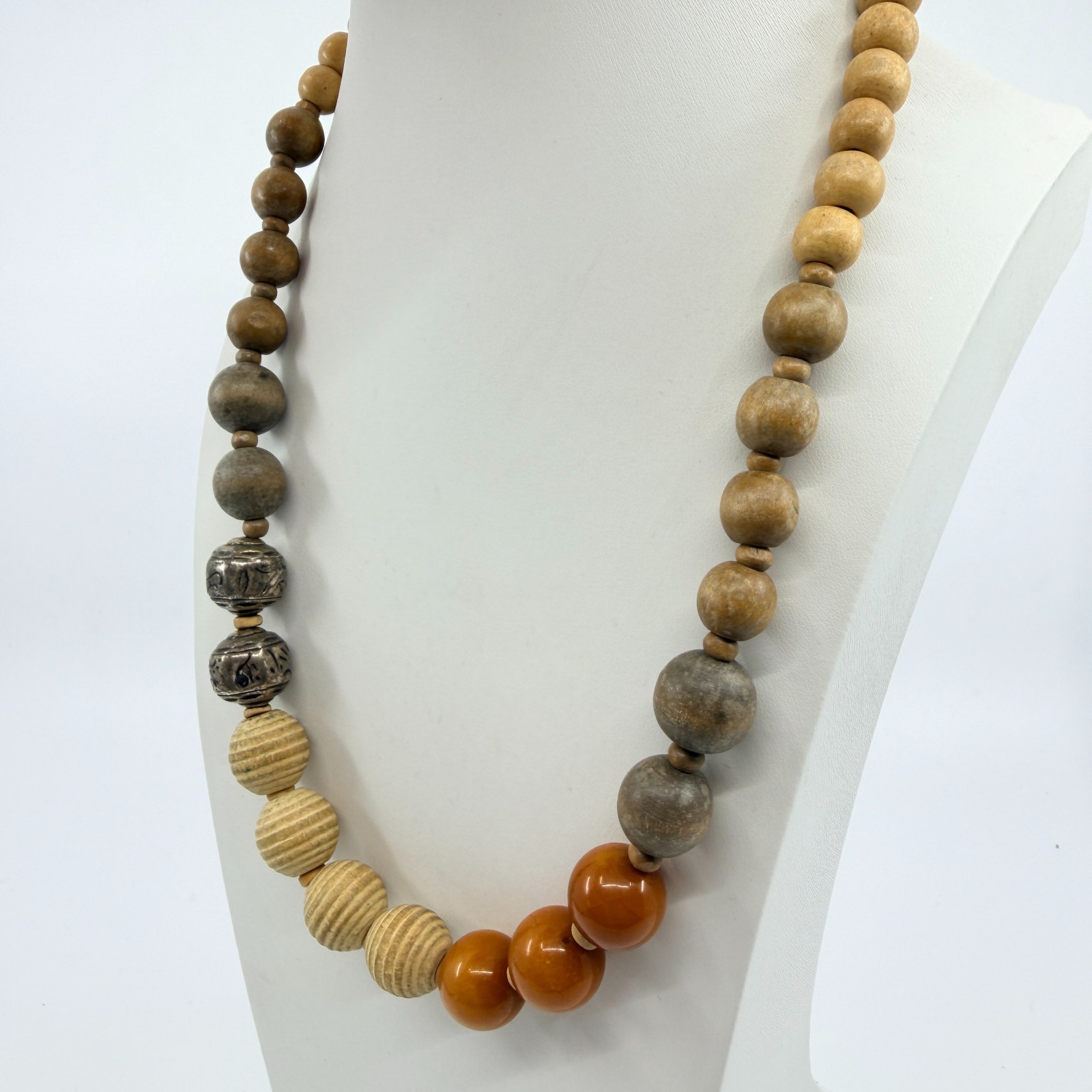 Vintage Y2K Boho Chunky Wood Acrylic Statement Necklace Brown Earthy Beaded